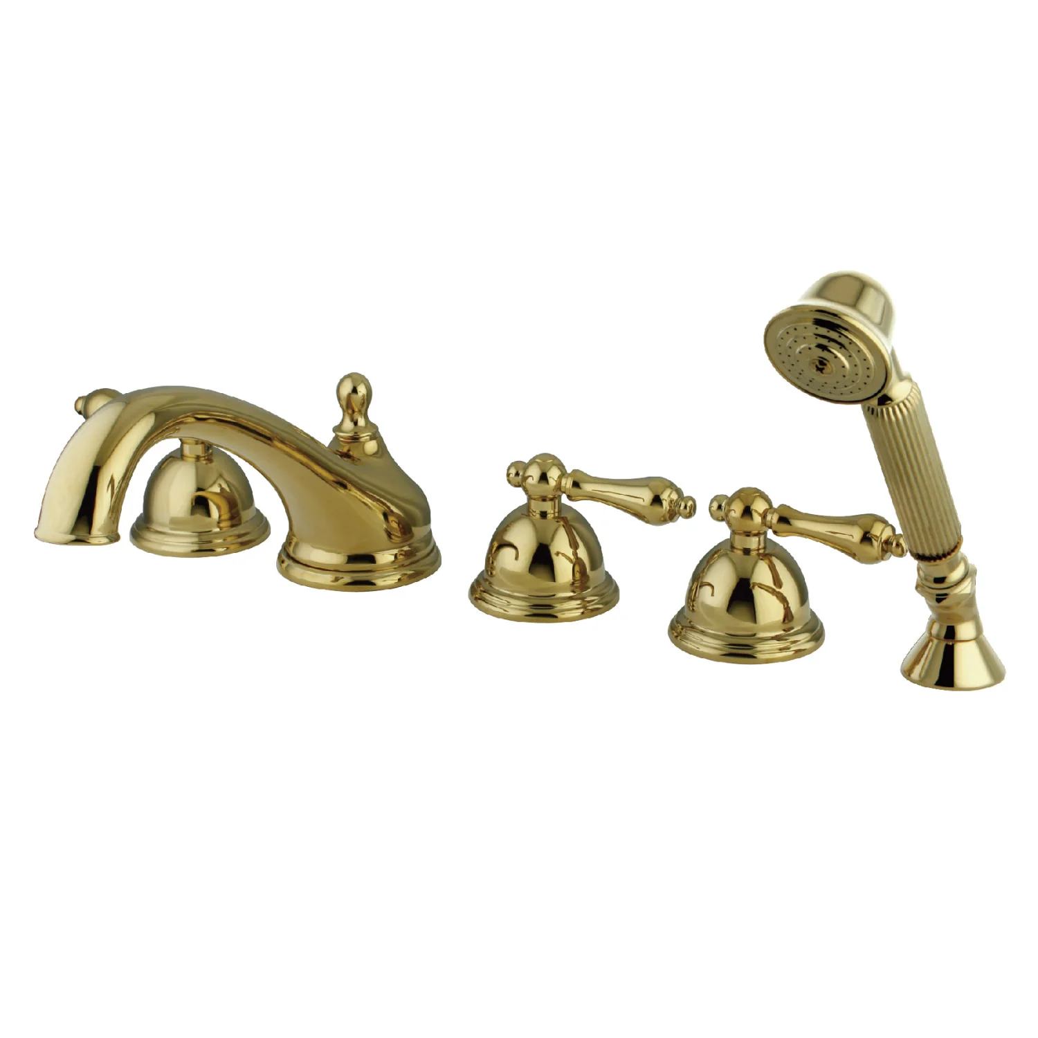 Kingston Heirloom KS33525AL - Milano Three-Handle 5-Hole Deck Mount Roman Tub Faucet with Hand Shower, Polished Brass