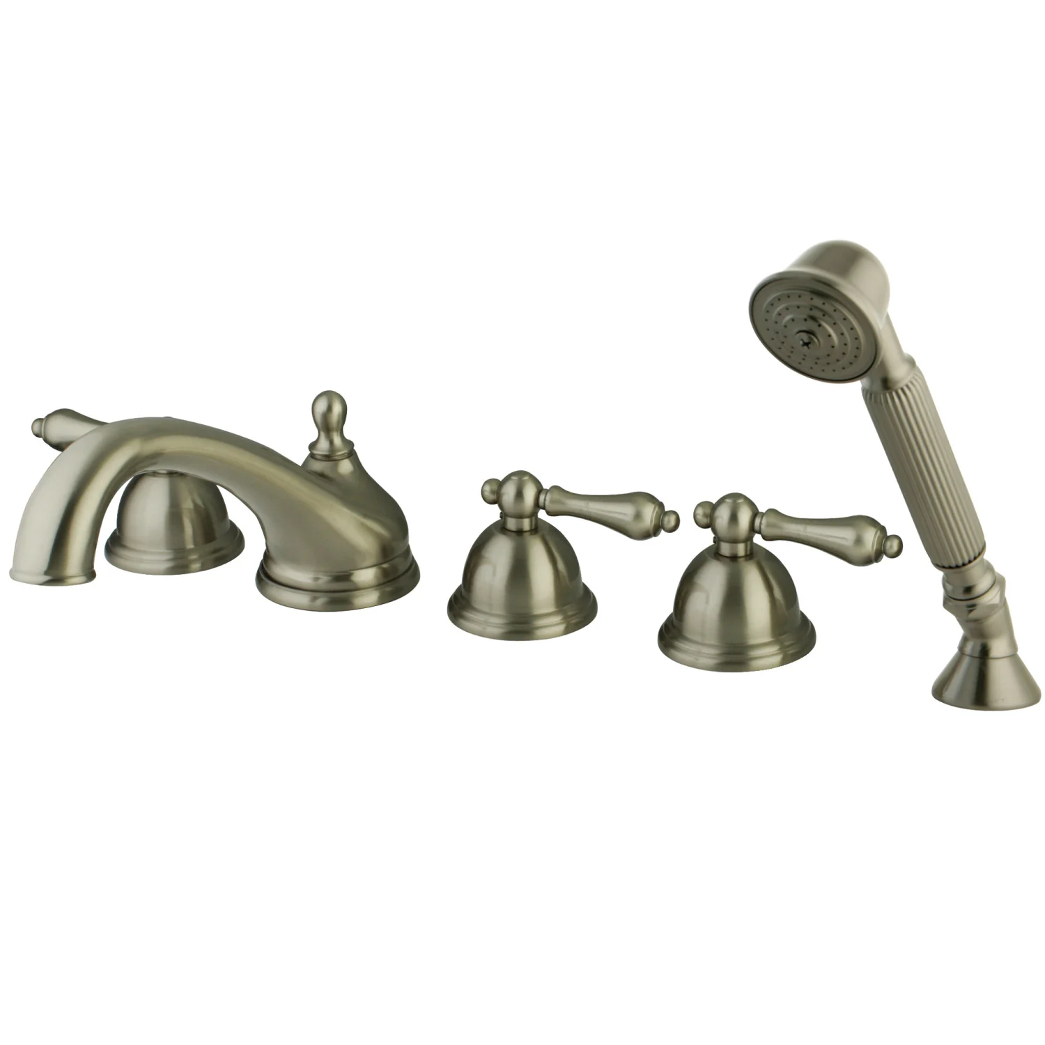 Kingston Heirloom KS33585AL - Milano Three-Handle 5-Hole Deck Mount Roman Tub Faucet with Hand Shower, Brushed Nickel