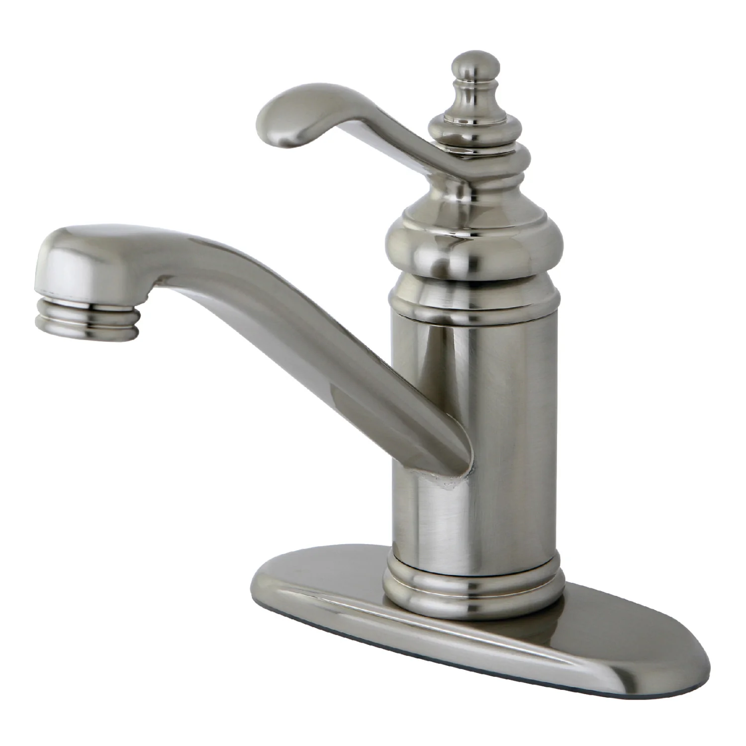 Kingston Heirloom KS3408TL - Templeton One-Handle 1-Hole Bathroom Faucet with Deck Plate and Push Pop-Up Drain, Brushed Nickel