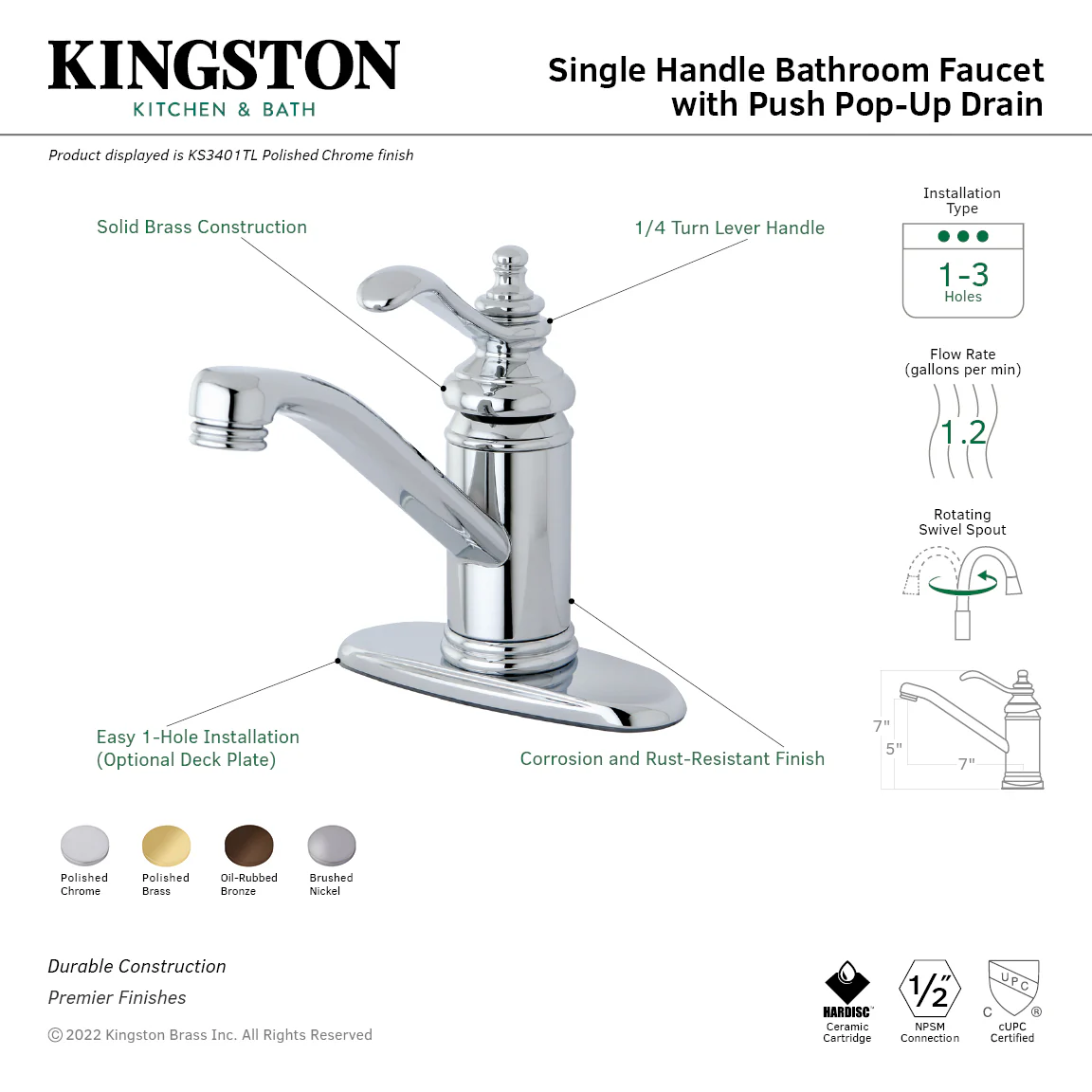 Kingston Heirloom KS3408TL - Templeton One-Handle 1-Hole Bathroom Faucet with Deck Plate and Push Pop-Up Drain, Brushed Nickel - Image 4