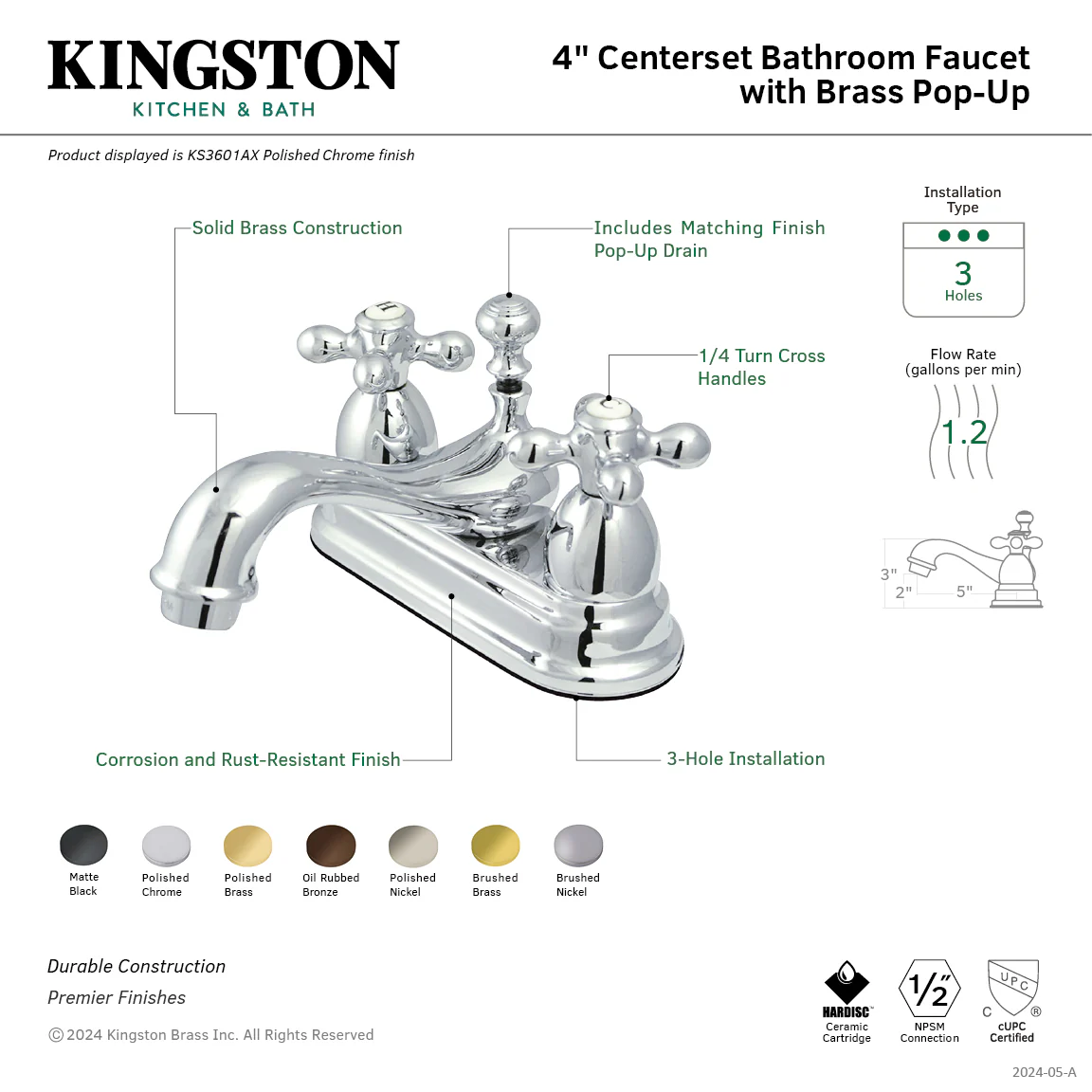 Kingston Heirloom KS3605AX - Restoration Double-Handle 3-Hole Deck Mount 4-Inch Centerset Bathroom Faucet with Brass Pop-Up, Oil Rubbed Bronze - Image 2