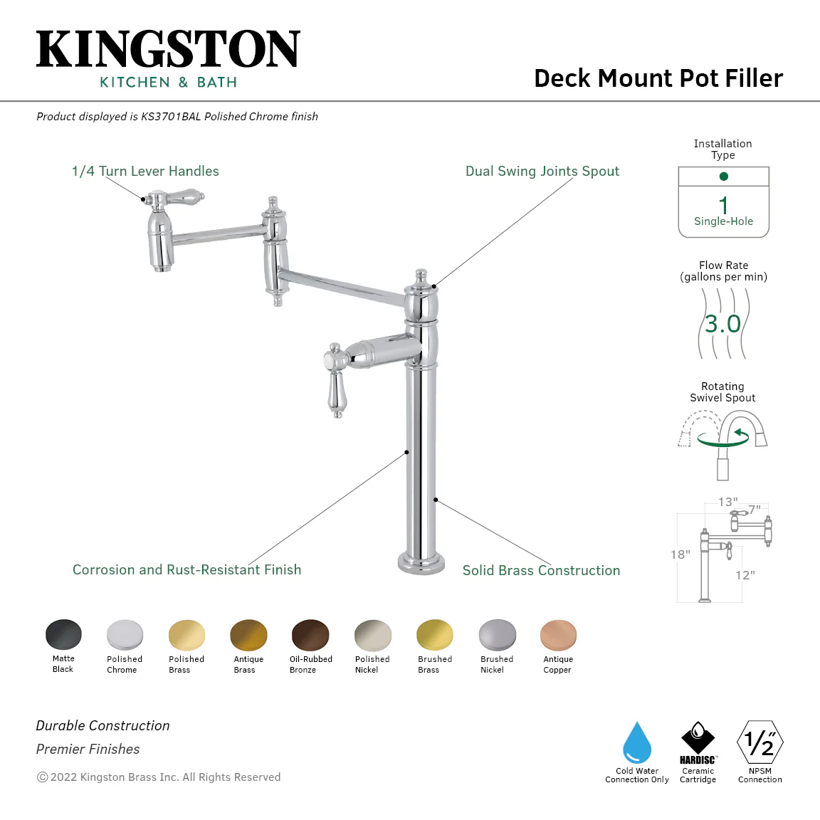 Kingston Heirloom KS370BALAC - Heirloom Two-Handle 1-Hole Deck Mount Pot Filler Faucet, Antique Copper - Image 8