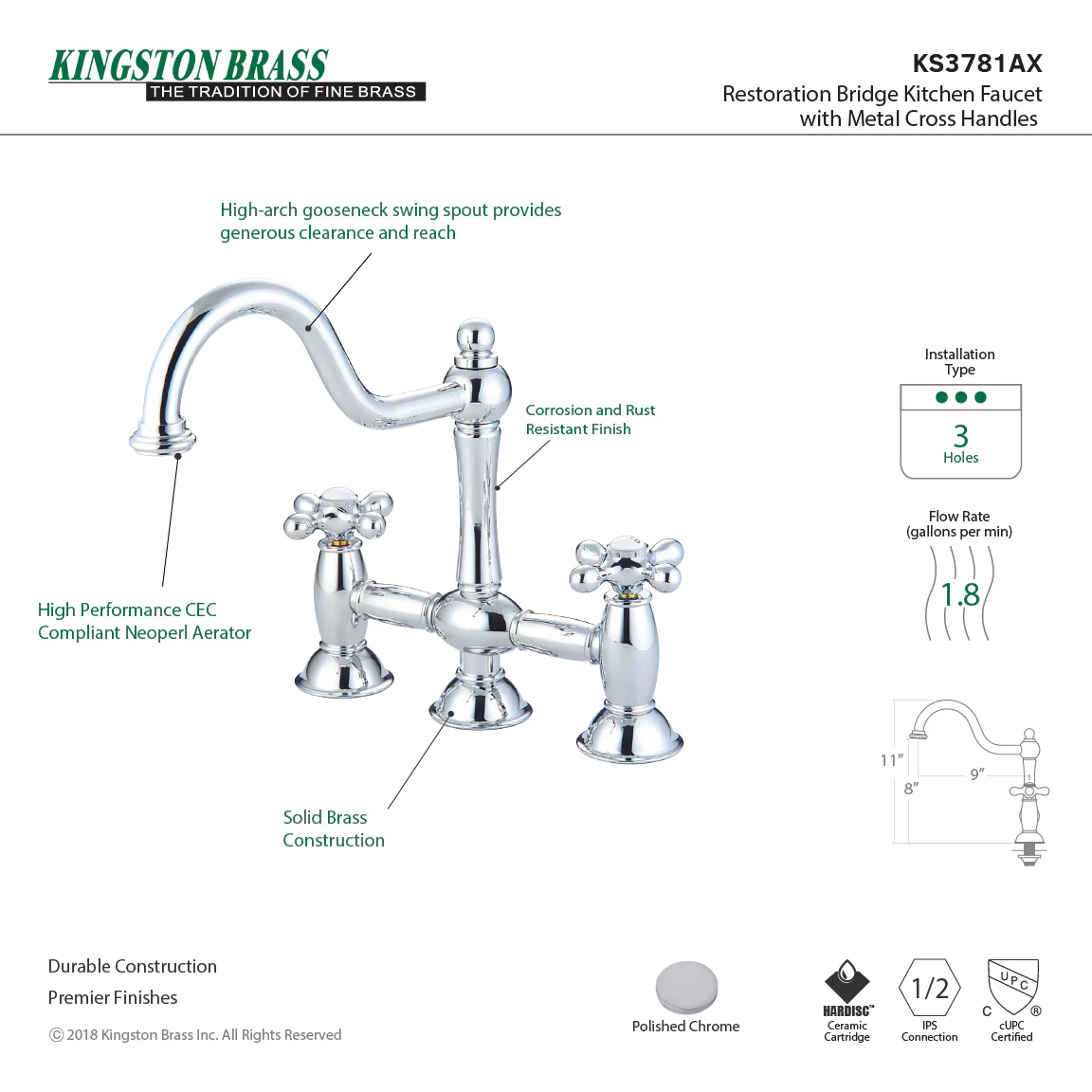Kingston Heirloom KS3781AX - Restoration Two-Handle 3-Hole Deck Mount Bridge Kitchen Faucet, Polished Chrome - Image 2