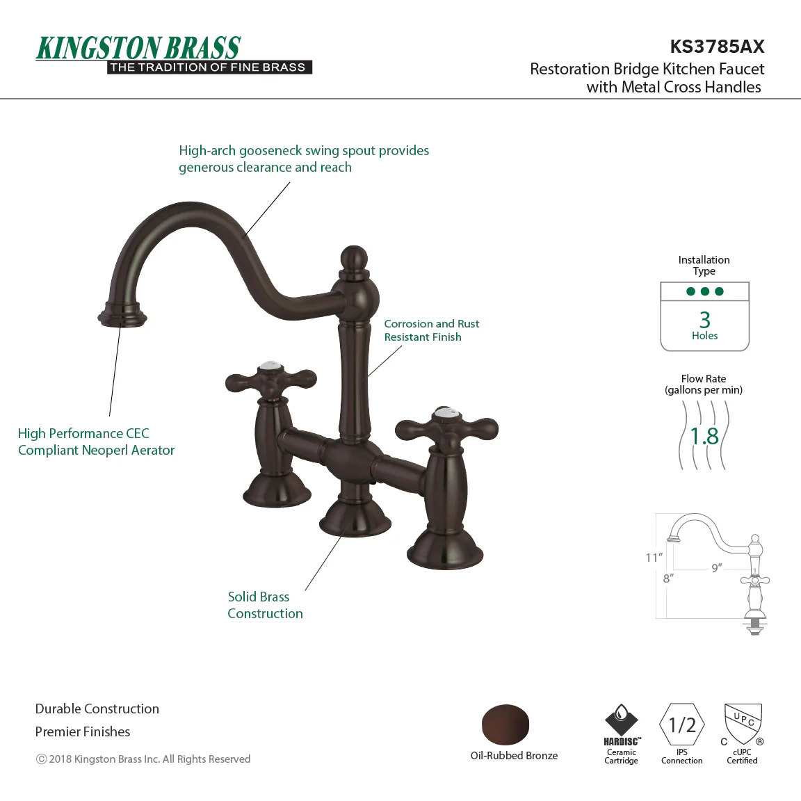 Kingston Heirloom KS3785AX - Restoration Two-Handle 3-Hole Deck Mount Bridge Kitchen Faucet, Oil Rubbed Bronze - Image 2