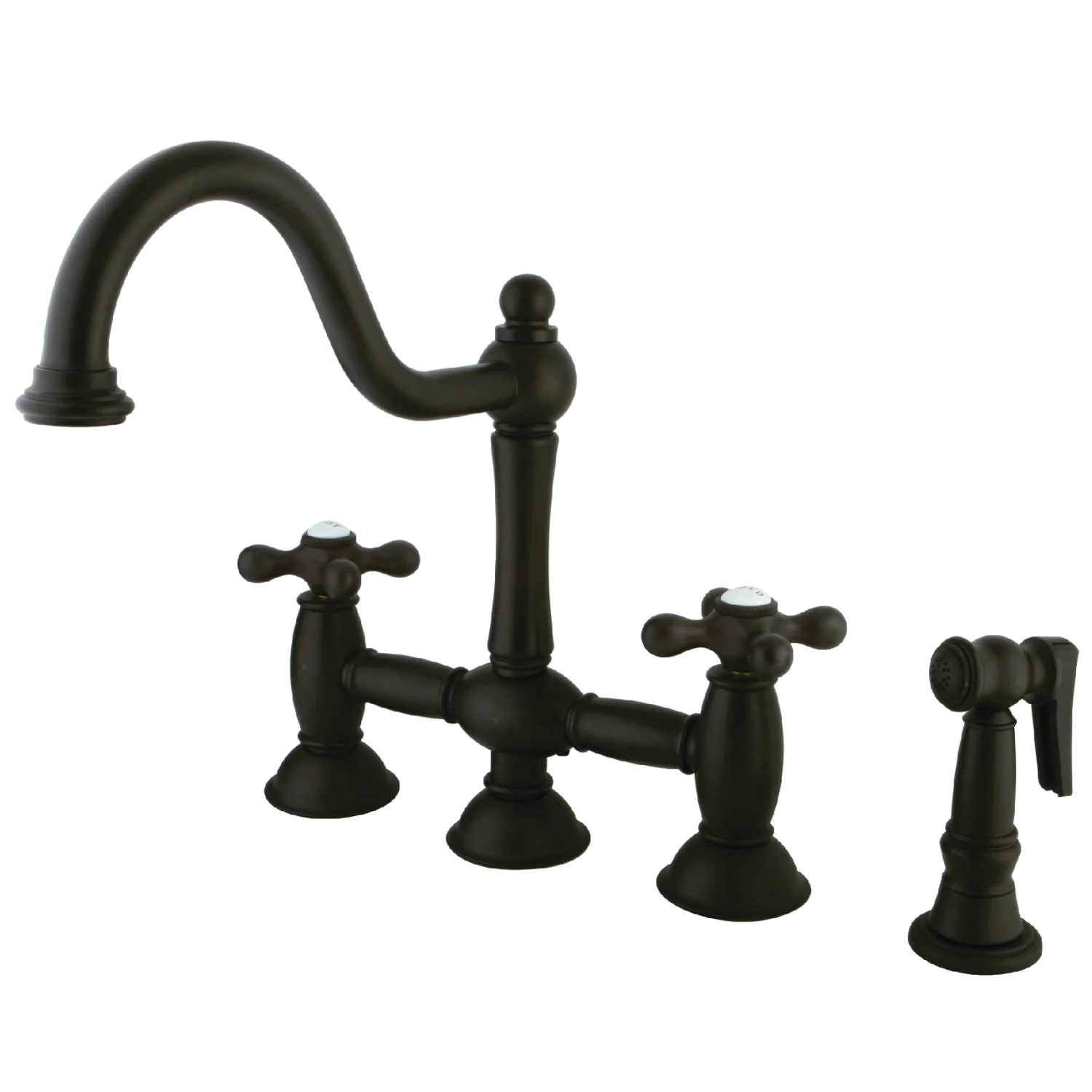 Kingston Heirloom KS3795AXBS - Restoration Two-Handle 4-Hole Deck Mount Bridge Kitchen Faucet with Brass Sprayer, Oil Rubbed Bronze