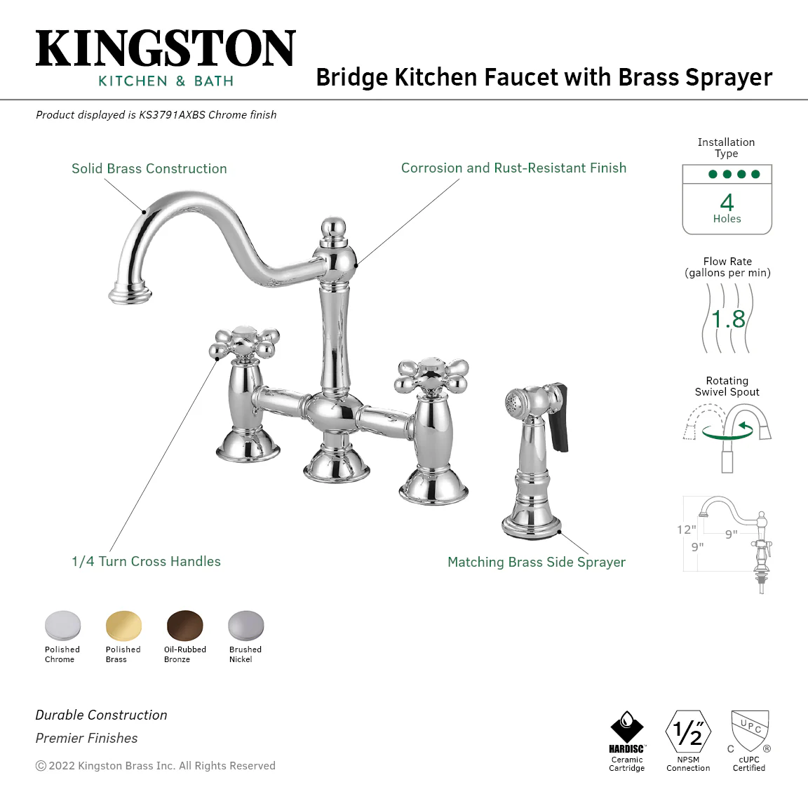 Kingston Heirloom KS3795AXBS - Restoration Two-Handle 4-Hole Deck Mount Bridge Kitchen Faucet with Brass Sprayer, Oil Rubbed Bronze - Image 2
