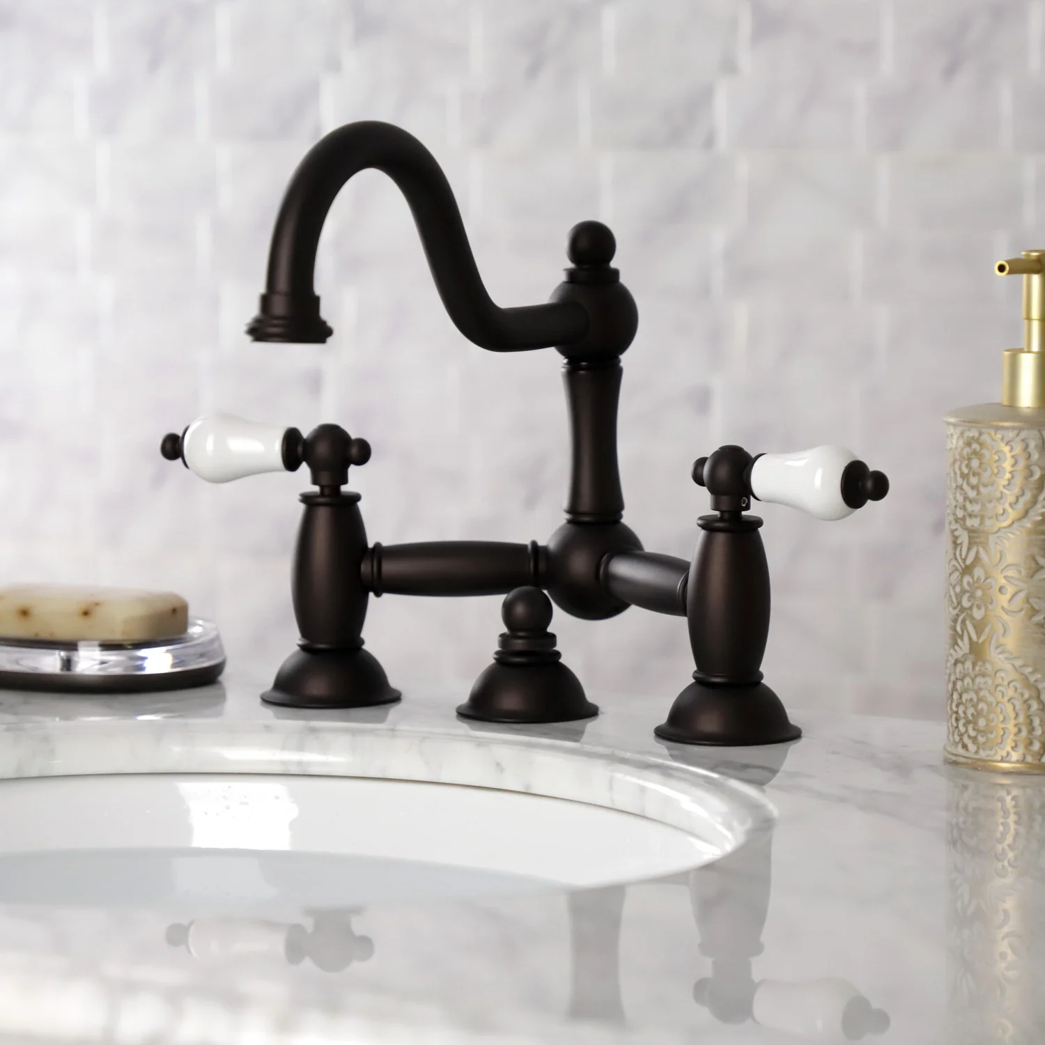 Kingston Heirloom KS3915PL - Restoration Two-Handle 3-Hole Deck Mount Bridge Bathroom Faucet with Brass Pop-Up, Oil Rubbed Bronze - Image 2