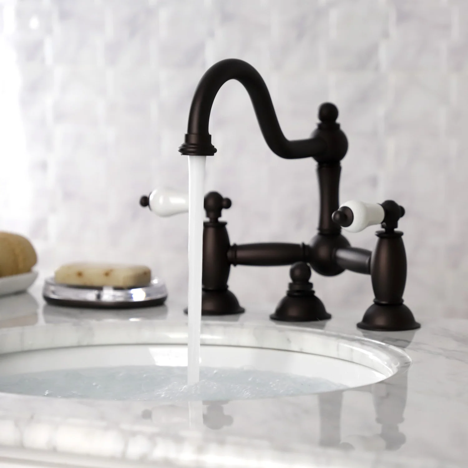 Kingston Heirloom KS3915PL - Restoration Two-Handle 3-Hole Deck Mount Bridge Bathroom Faucet with Brass Pop-Up, Oil Rubbed Bronze - Image 3