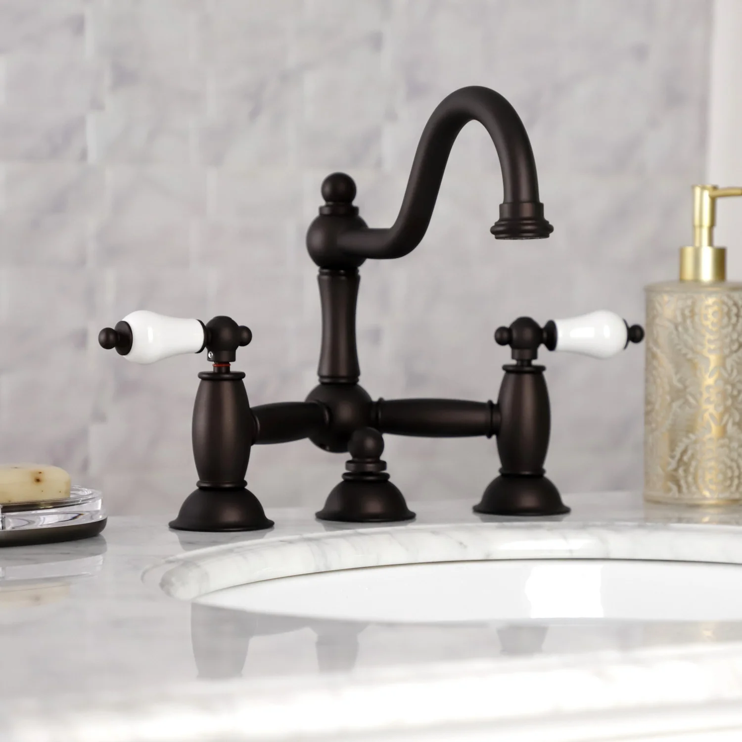 Kingston Heirloom KS3915PL - Restoration Two-Handle 3-Hole Deck Mount Bridge Bathroom Faucet with Brass Pop-Up, Oil Rubbed Bronze - Image 4