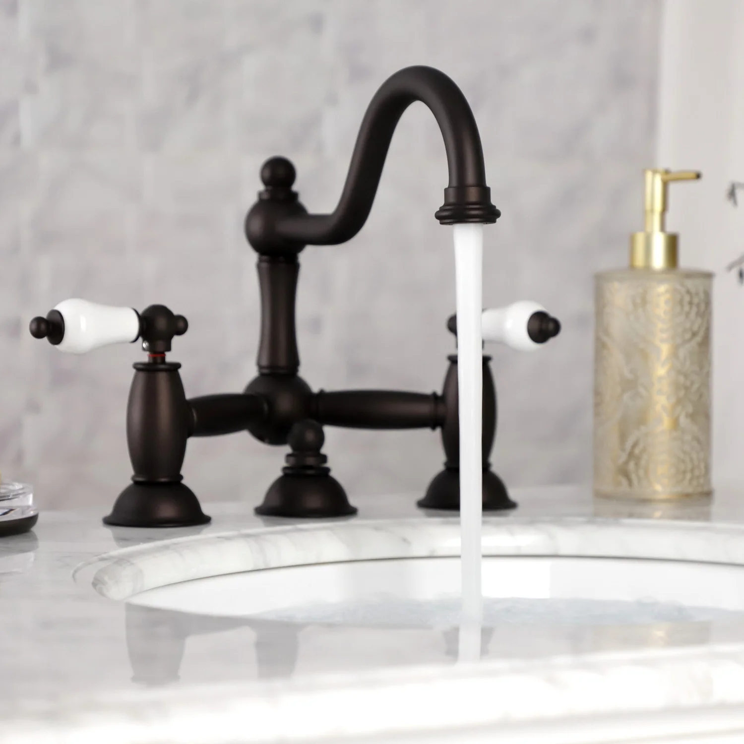 Kingston Heirloom KS3915PL - Restoration Two-Handle 3-Hole Deck Mount Bridge Bathroom Faucet with Brass Pop-Up, Oil Rubbed Bronze - Image 5