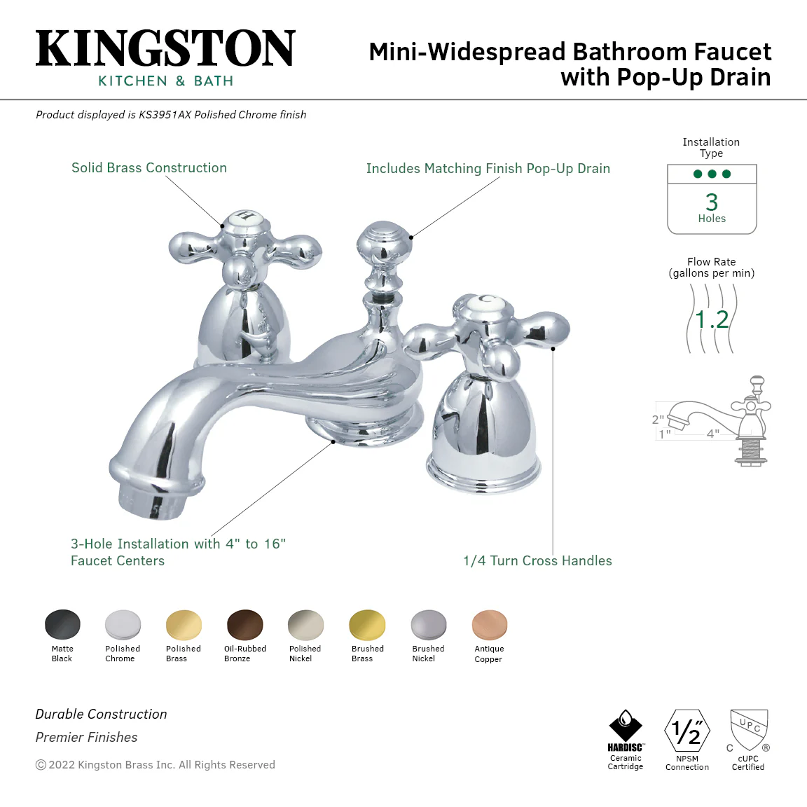 Kingston Heirloom KS3955AX - Restoration Two-Handle 3-Hole Deck Mount Mini-Widespread Bathroom Faucet with Brass Pop-Up, Oil Rubbed Bronze - Image 3