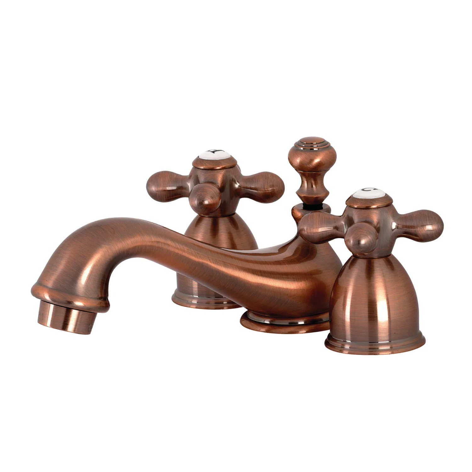 Kingston Heirloom KS395AXAC - Restoration Two-Handle 3-Hole Deck Mount Mini-Widespread Bathroom Faucet with Brass Pop-Up, Antique Copper