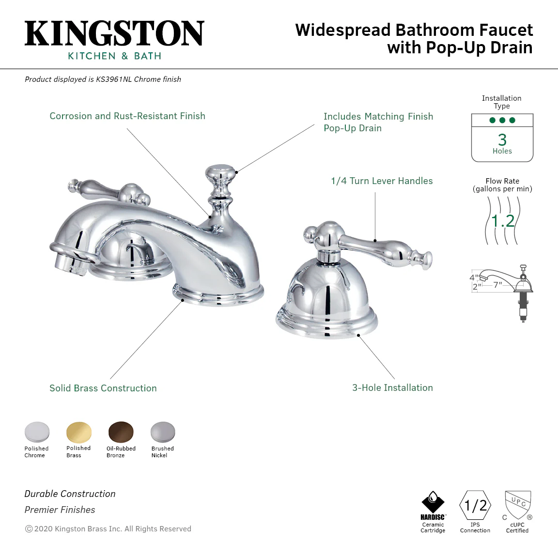 Kingston Heirloom KS3961NL - Naples Two-Handle 3-Hole Deck Mount Widespread Bathroom Faucet with Brass Pop-Up, Polished Chrome - Image 2