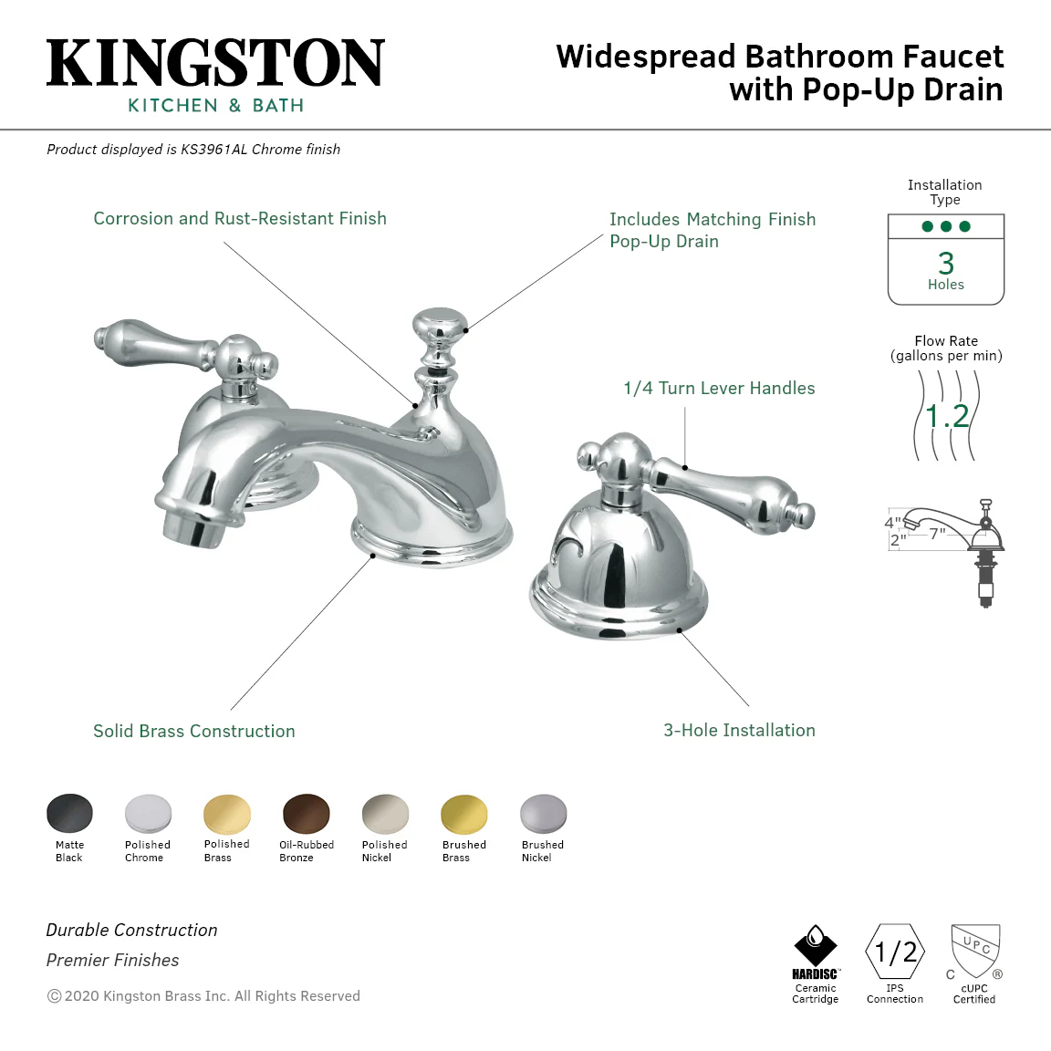 Kingston Heirloom KS3962AL - Restoration Two-Handle 3-Hole Deck Mount Widespread Bathroom Faucet with Brass Pop-Up, Polished Brass - Image 2