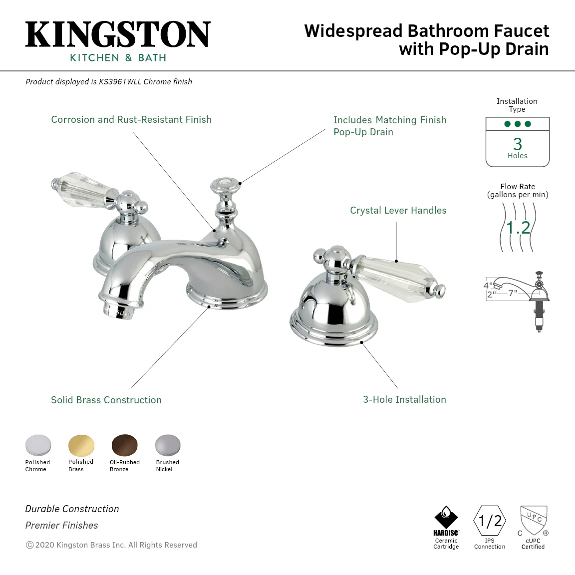 Kingston Tulare KS3962WLL - Wilshire Two-Handle 3-Hole Deck Mount Widespread Bathroom Faucet with Brass Pop-Up, Polished Brass - Image 2