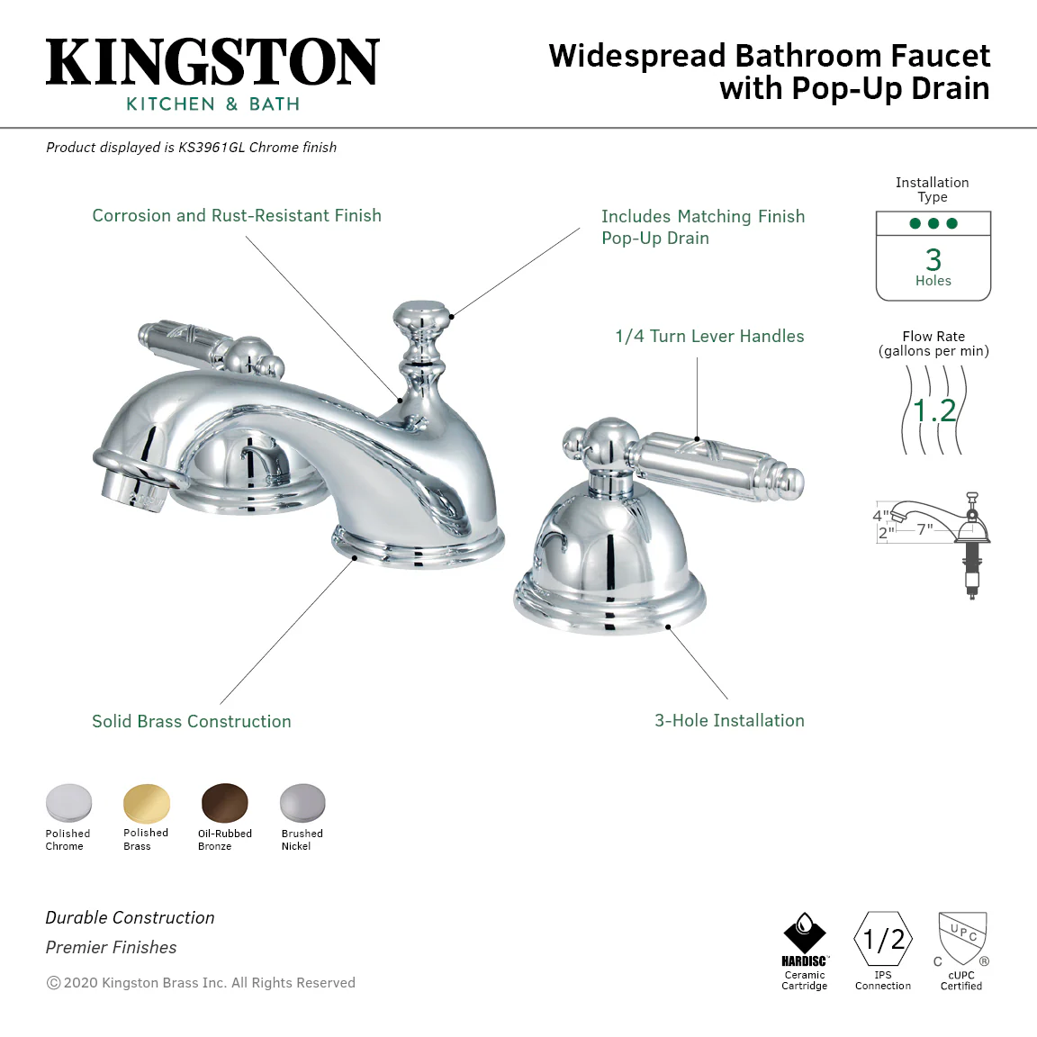 Kingston Tulare KS3968GL - Georgian Two-Handle 3-Hole Deck Mount Widespread Bathroom Faucet with Brass Pop-Up, Brushed Nickel - Image 2