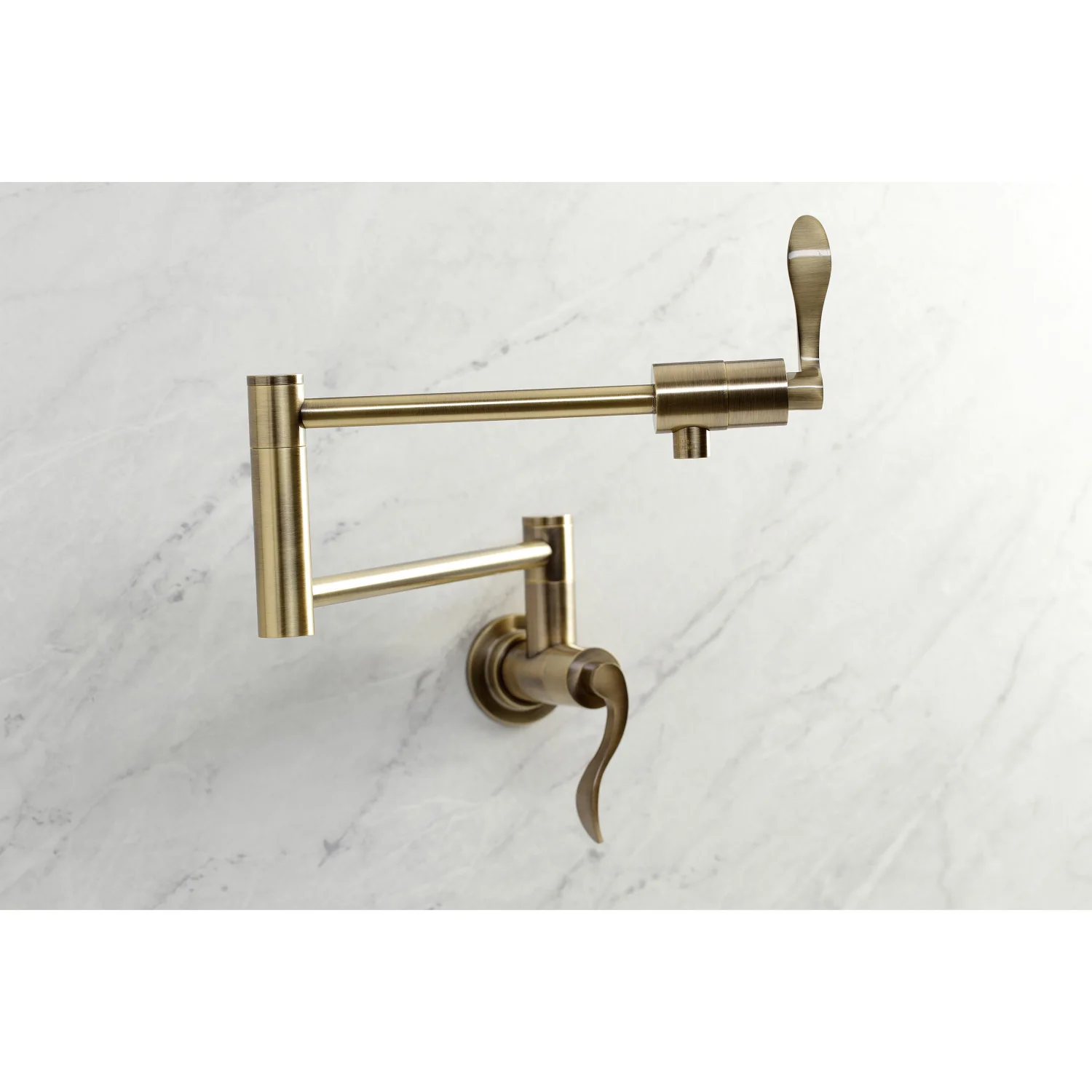 Kingston Tulare KS4103DFL - NuWave Two-Handle 1-Hole Wall Mount Pot Filler Faucet, Antique Brass - Image 3