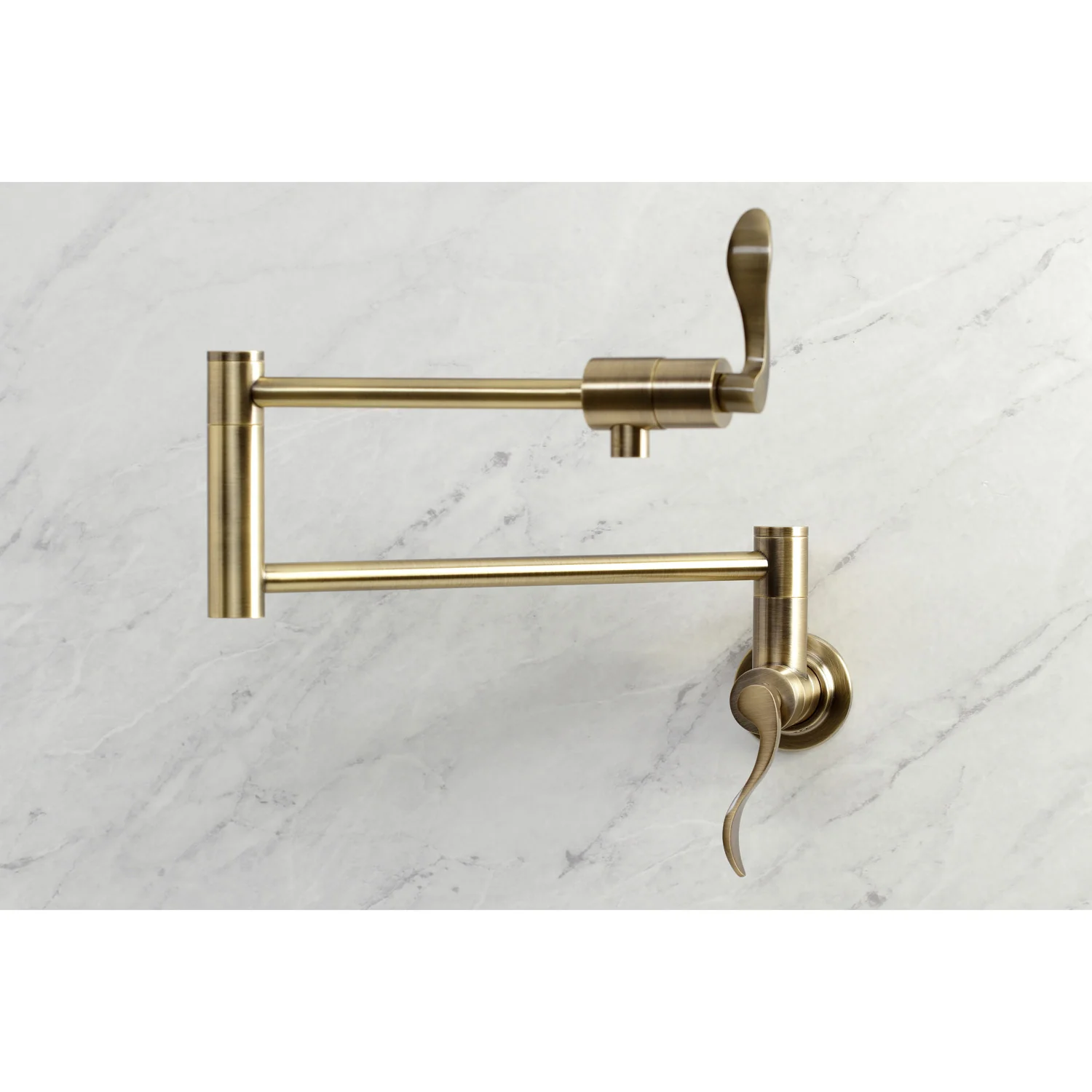 Kingston Tulare KS4103DFL - NuWave Two-Handle 1-Hole Wall Mount Pot Filler Faucet, Antique Brass - Image 4