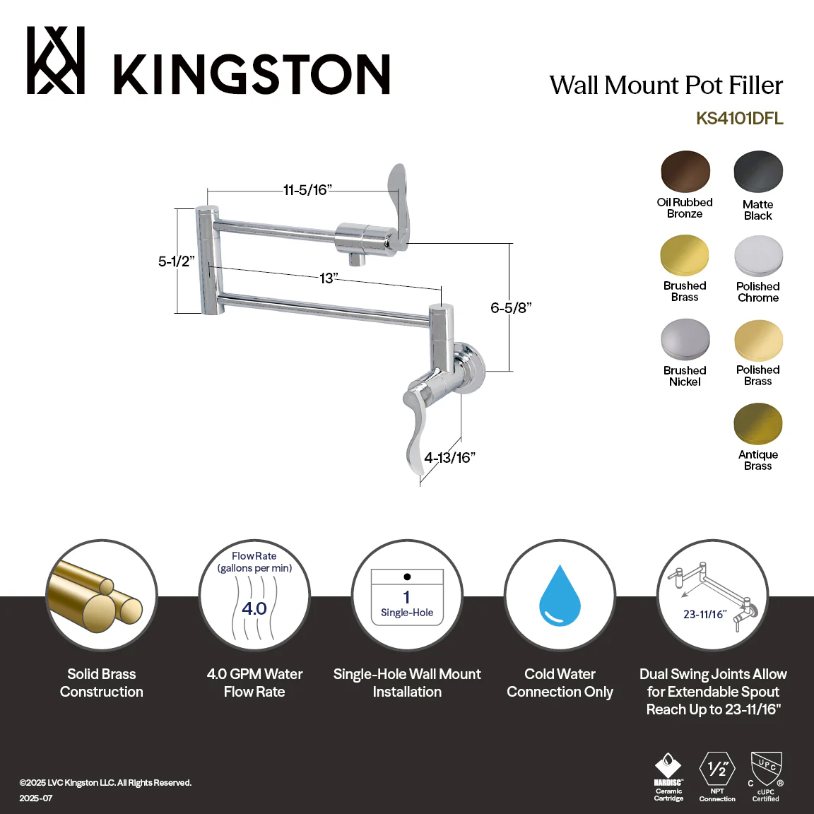 Kingston Tulare KS4105DFL - NuWave Two-Handle 1-Hole Wall Mount Pot Filler Faucet, Oil Rubbed Bronze - Image 5