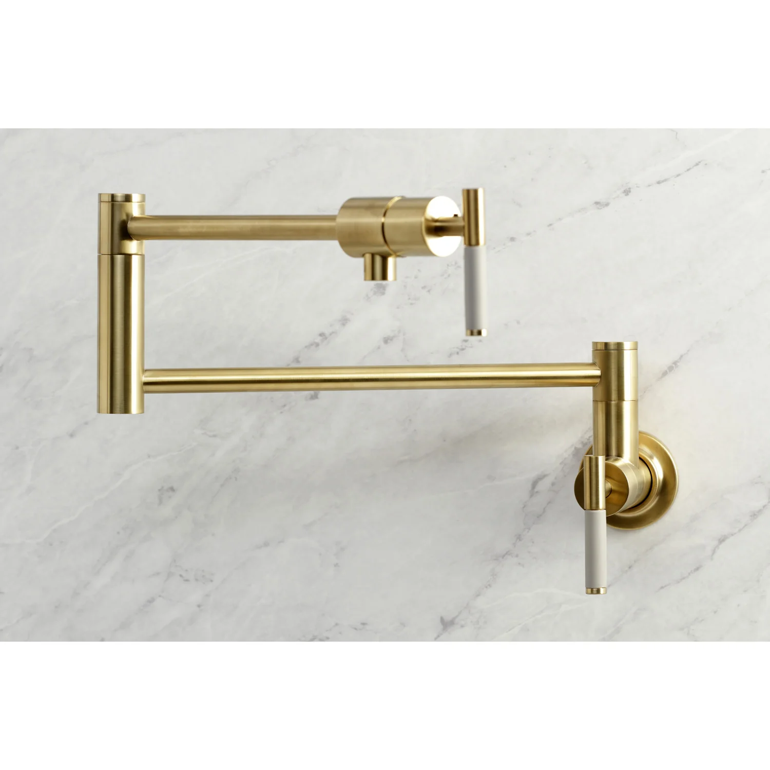 Kingston Sona KS4107CKL - Kaiser Two-Handle 1-Hole Wall Mount Pot Filler Faucet, Brushed Brass - Image 4