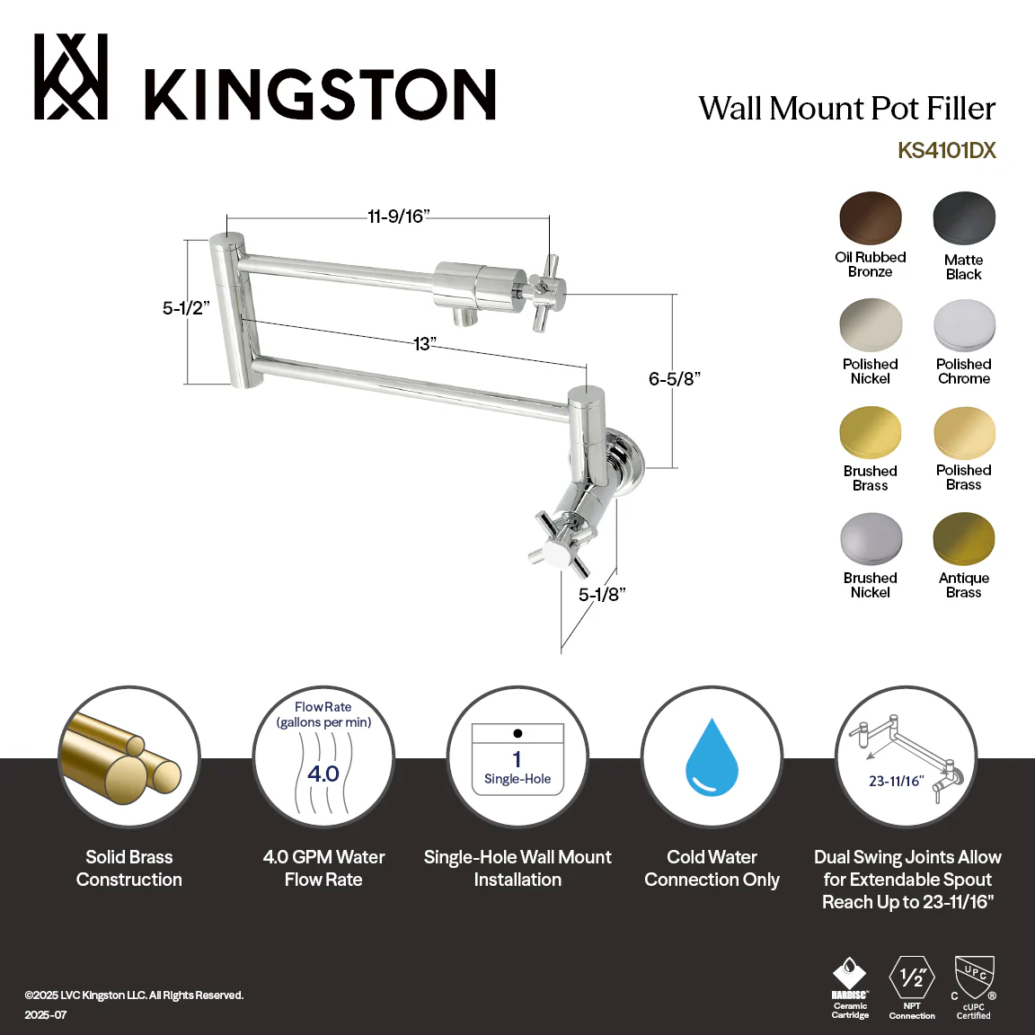 Kingston Sona KS4107DX - Concord Two-Handle 1-Hole Wall Mount Pot Filler Faucet, Brushed Brass - Image 5