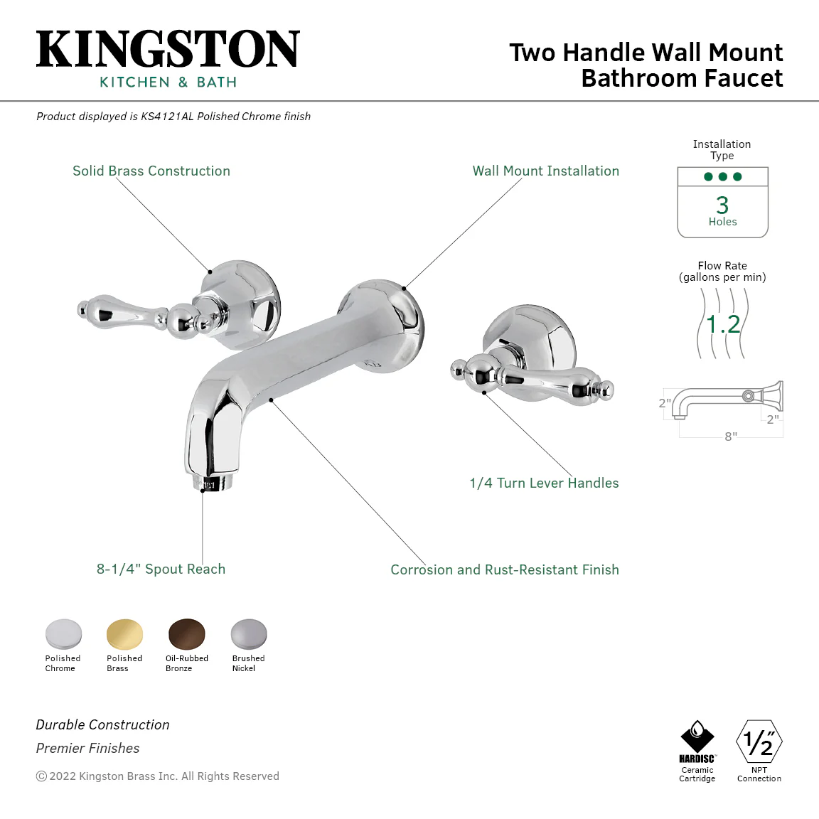 Kingston Tulare KS4125AL - Metropolitan Double-Handle 3-Hole Wall Mount Bathroom Faucet, Oil Rubbed Bronze - Image 3