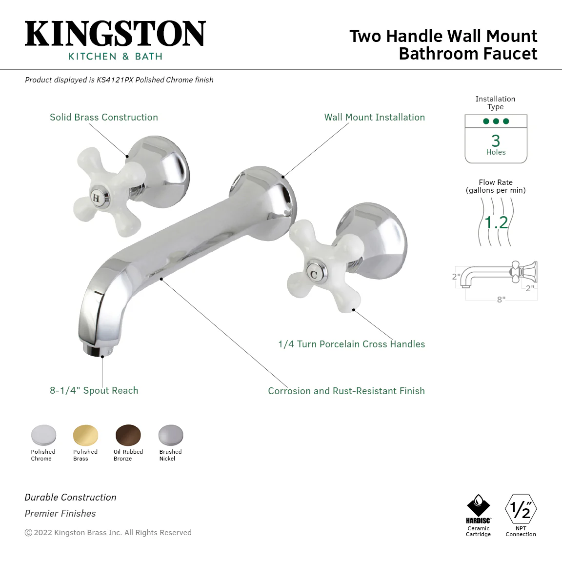 Kingston Tulare KS4125PX - Metropolitan Double-Handle 3-Hole Wall Mount Bathroom Faucet, Oil Rubbed Bronze - Image 3