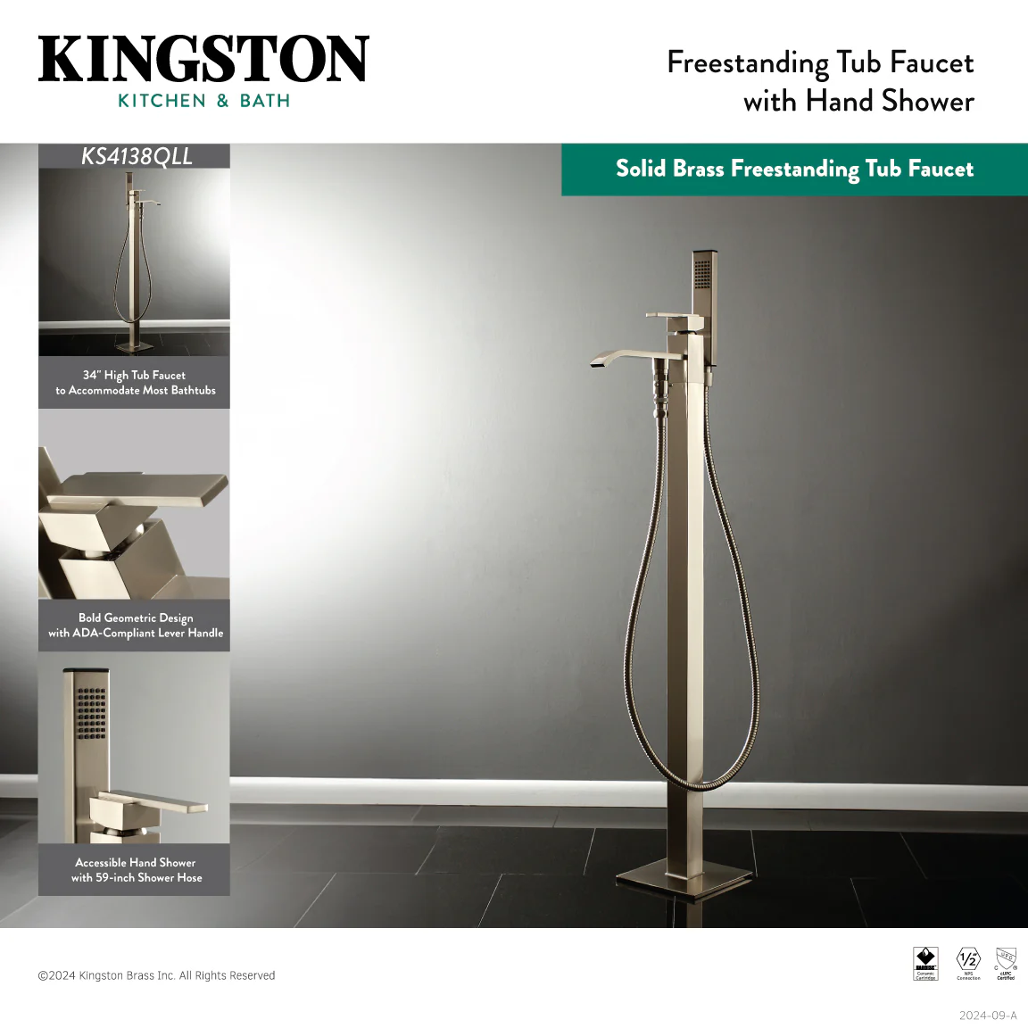 Kingston Sona KS4131QLL - Executive Single-Handle 1-Hole Freestanding Tub Faucet with Hand Shower, Polished Chrome - Image 9