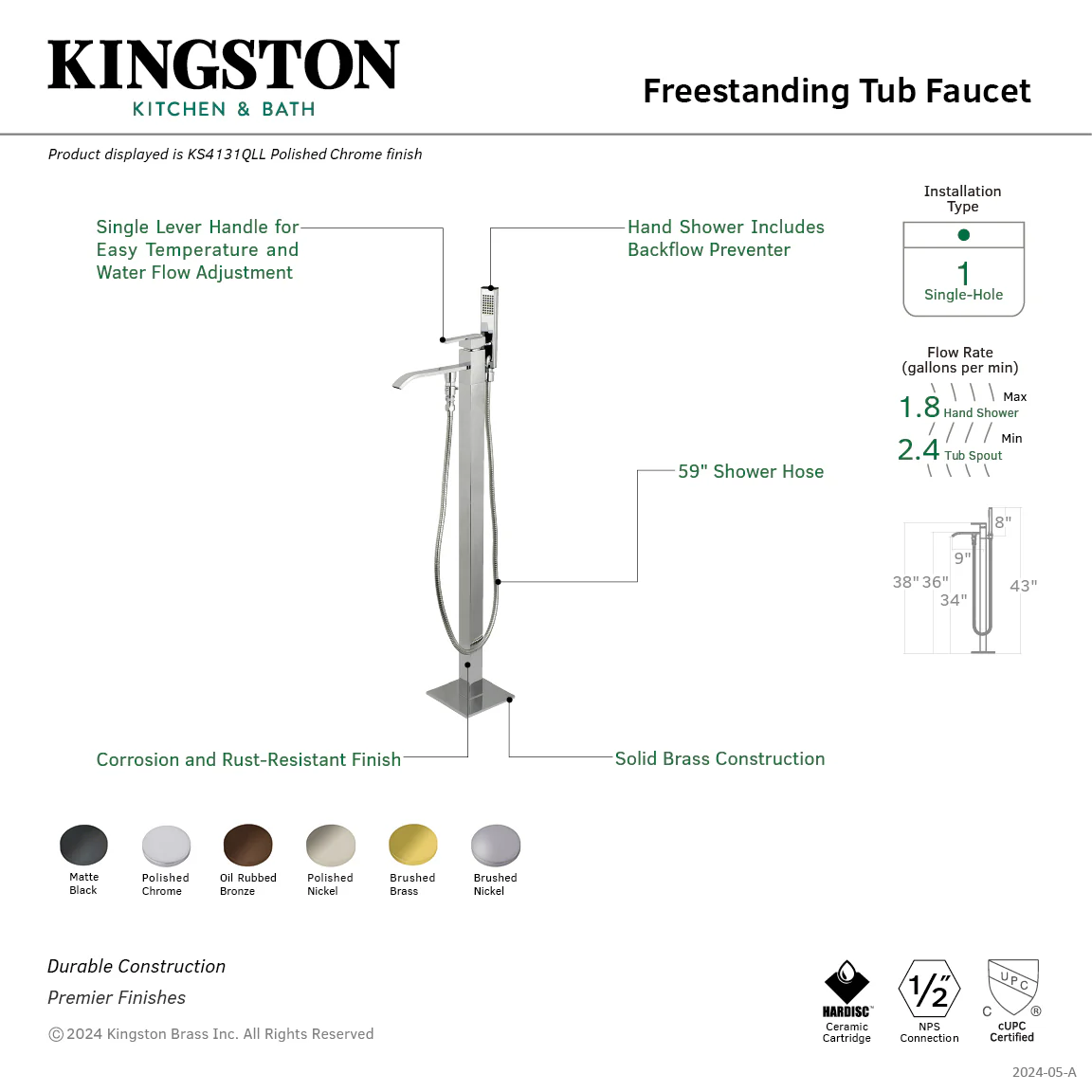 Kingston Sona KS4135QLL - Executive Single-Handle 1-Hole Freestanding Tub Faucet with Hand Shower, Oil Rubbed Bronze - Image 2