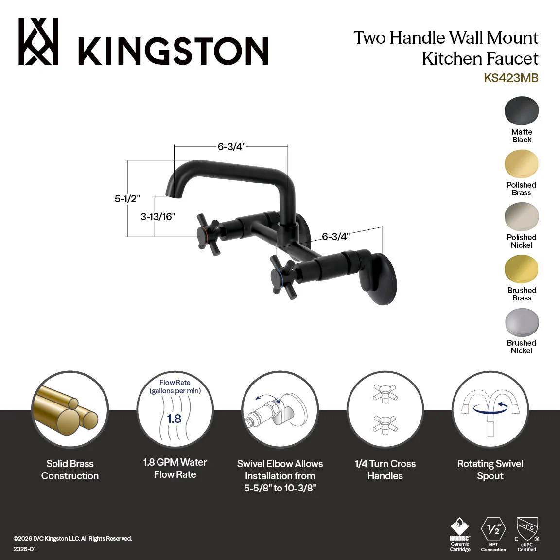 Kingston Sona KS423PN - Concord Two-Handle 2-Hole Wall Mount Kitchen Faucet, Polished Nickel - Image 7