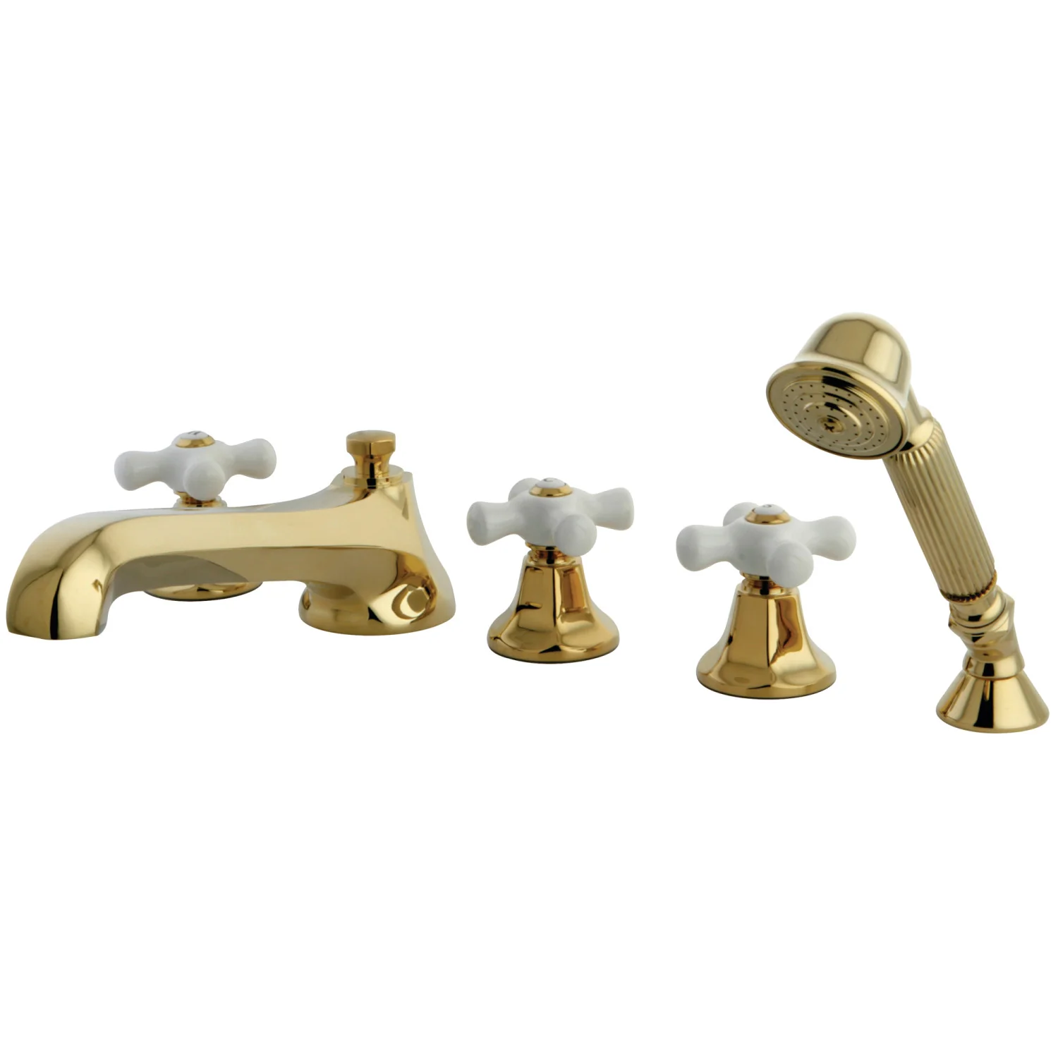Kingston Tulare KS43025PX - Metropolitan Three-Handle 5-Hole Deck Mount Roman Tub Faucet with Hand Shower, Polished Brass