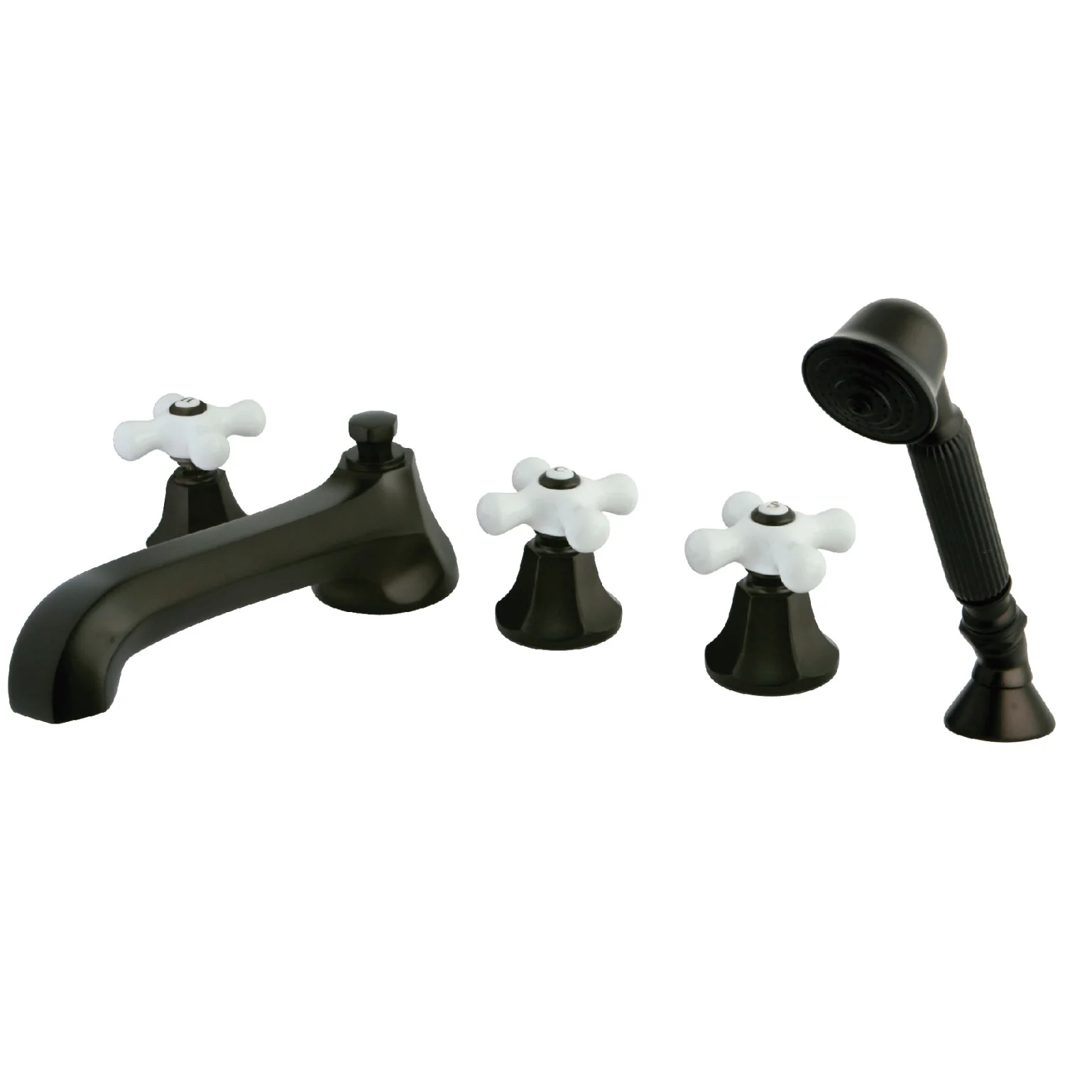 Kingston Tulare KS43055PX - Metropolitan Three-Handle 5-Hole Deck Mount Roman Tub Faucet with Hand Shower, Oil Rubbed Bronze