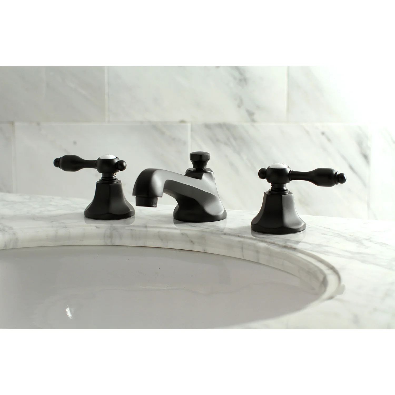 Kingston Tulare KS4460TAL - Tudor Two-Handle 3-Hole Deck Mount Widespread Bathroom Faucet with Brass Pop-Up, Matte Black - Image 2