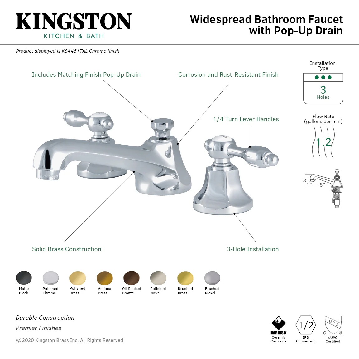 Kingston Tulare KS4460TAL - Tudor Two-Handle 3-Hole Deck Mount Widespread Bathroom Faucet with Brass Pop-Up, Matte Black - Image 4