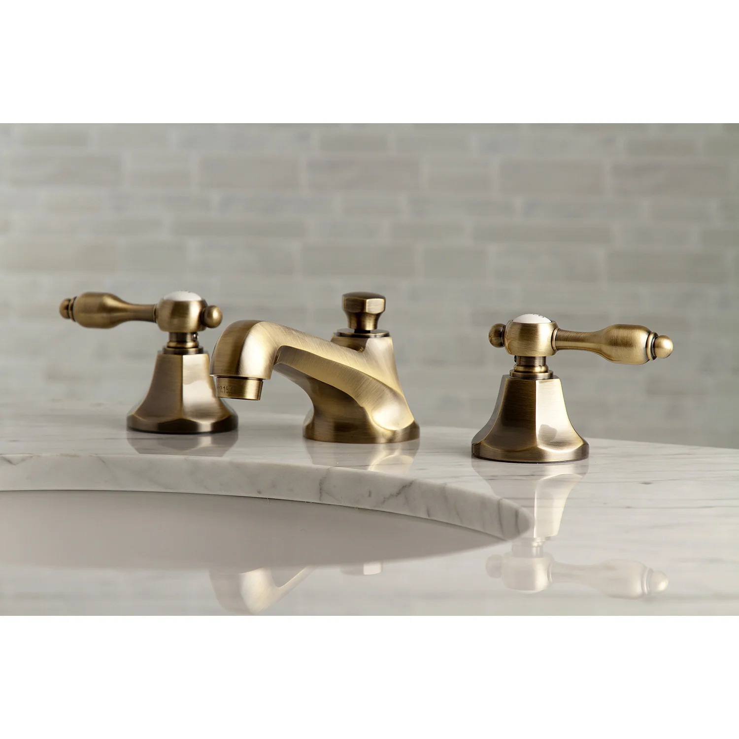 Kingston Tulare KS4463TAL - Tudor Two-Handle 3-Hole Deck Mount Widespread Bathroom Faucet with Brass Pop-Up, Antique Brass - Image 3