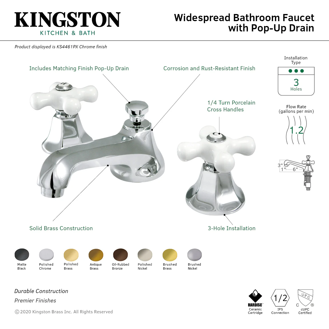 Kingston Tulare KS4465PX - Metropolitan Two-Handle 3-Hole Deck Mount Widespread Bathroom Faucet with Brass Pop-Up, Oil Rubbed Bronze - Image 2