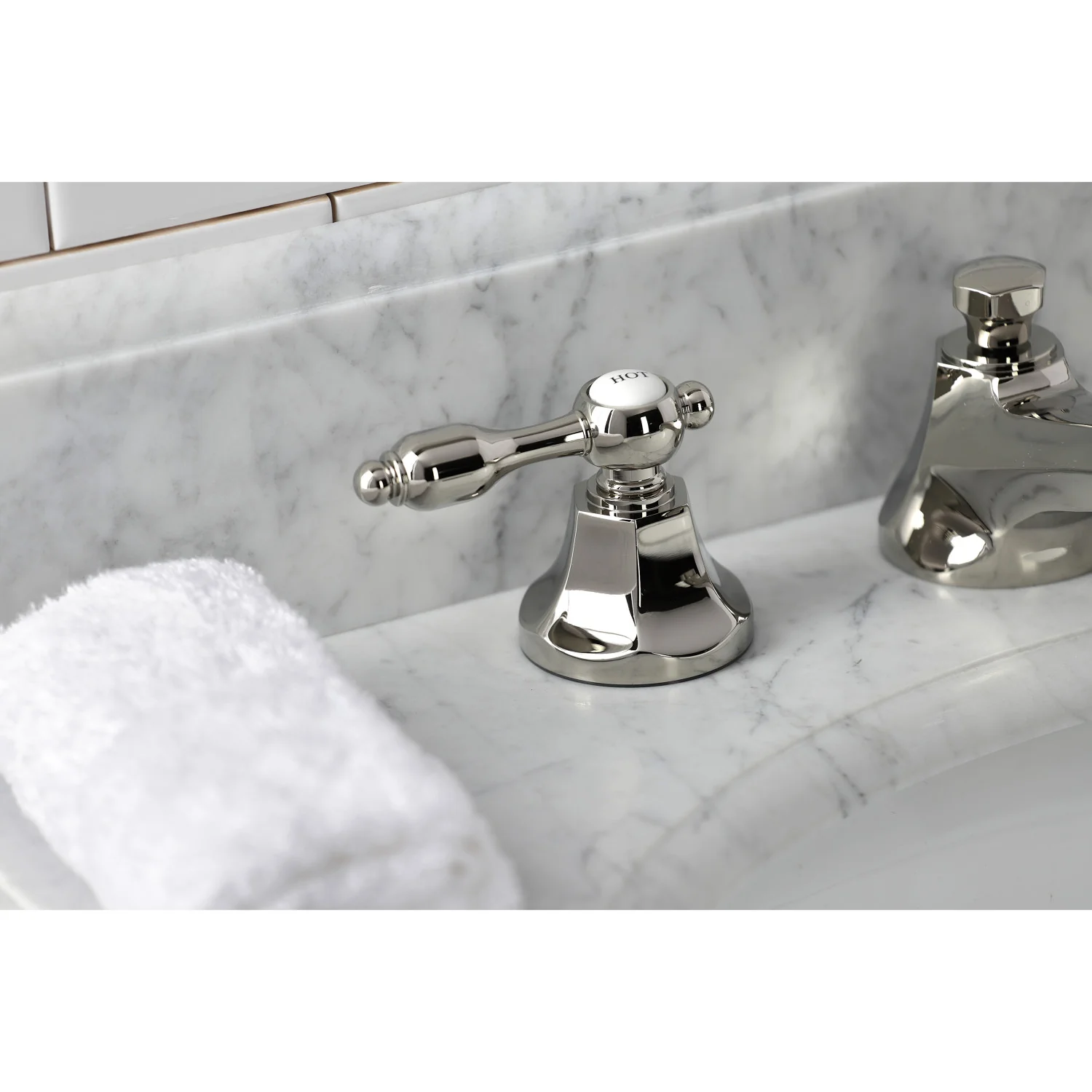 Kingston Tulare KS4466TAL - Tudor Two-Handle 3-Hole Deck Mount Widespread Bathroom Faucet with Brass Pop-Up, Polished Nickel - Image 2