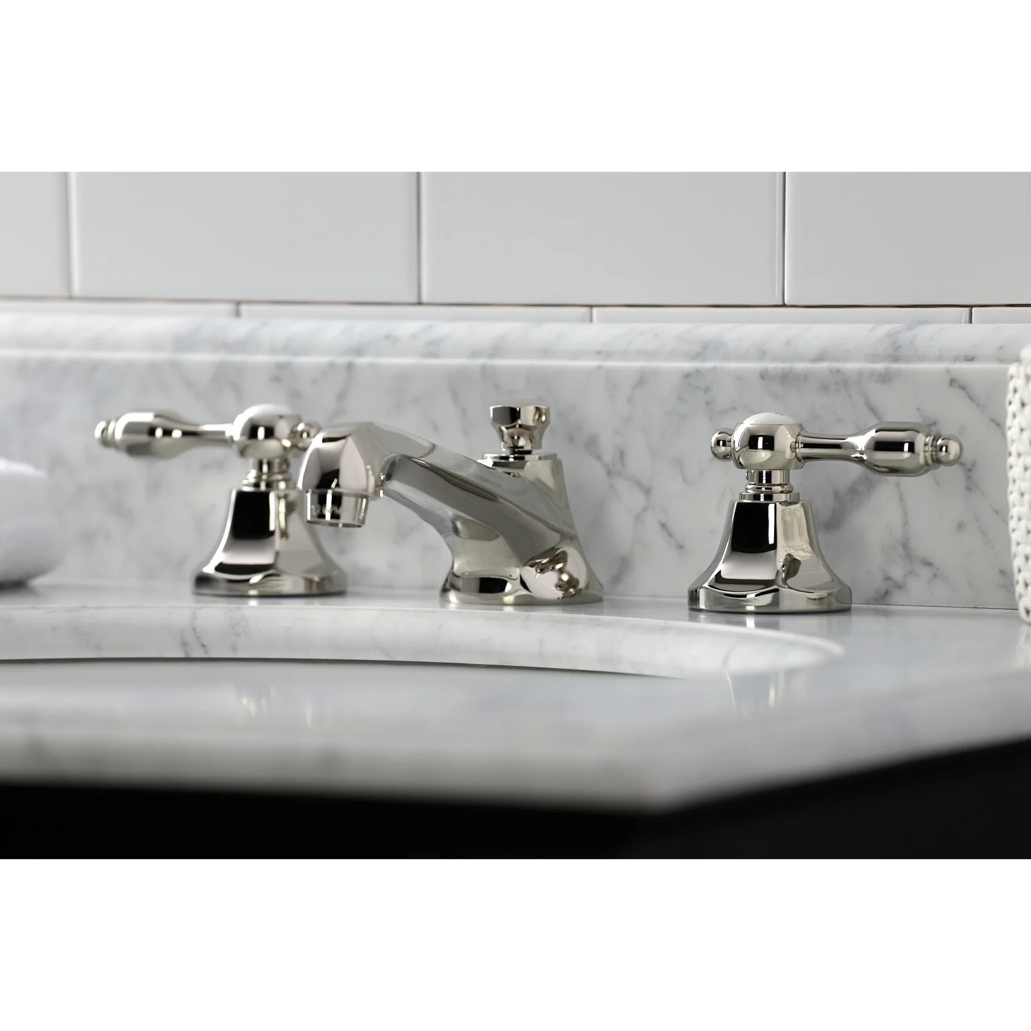 Kingston Tulare KS4466TAL - Tudor Two-Handle 3-Hole Deck Mount Widespread Bathroom Faucet with Brass Pop-Up, Polished Nickel - Image 5