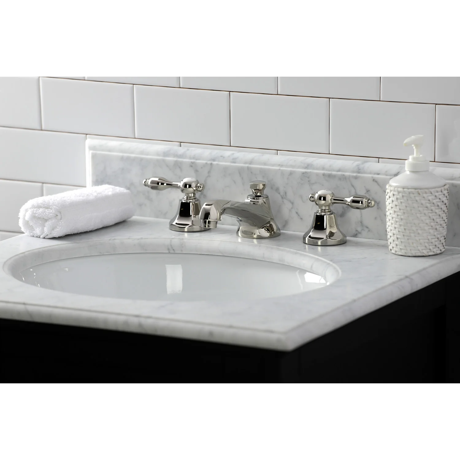 Kingston Tulare KS4466TAL - Tudor Two-Handle 3-Hole Deck Mount Widespread Bathroom Faucet with Brass Pop-Up, Polished Nickel - Image 6