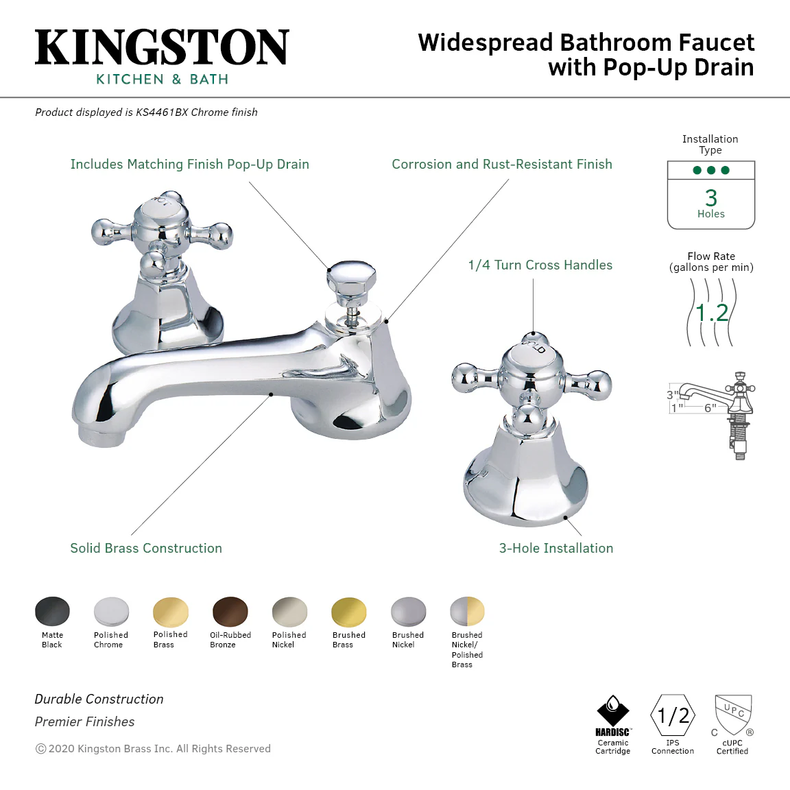 Kingston Heirloom KS4469BX - Metropolitan Two-Handle 3-Hole Deck Mount Widespread Bathroom Faucet with Brass Pop-Up, Brushed Nickel/Polished Brass - Image 2