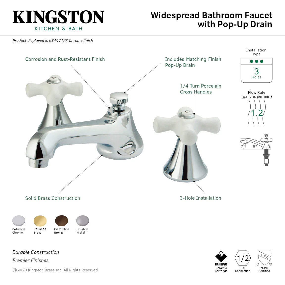 Kingston Tulare KS4471PX Two-Handle 3-Hole Deck Mount Widespread Bathroom Faucet with Brass Pop-Up, Polished Chrome - Image 2