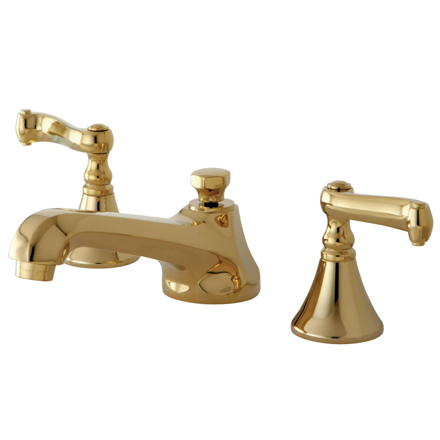 Kingston Tulare KS4472FL Two-Handle 3-Hole Deck Mount Widespread Bathroom Faucet with Brass Pop-Up, Polished Brass