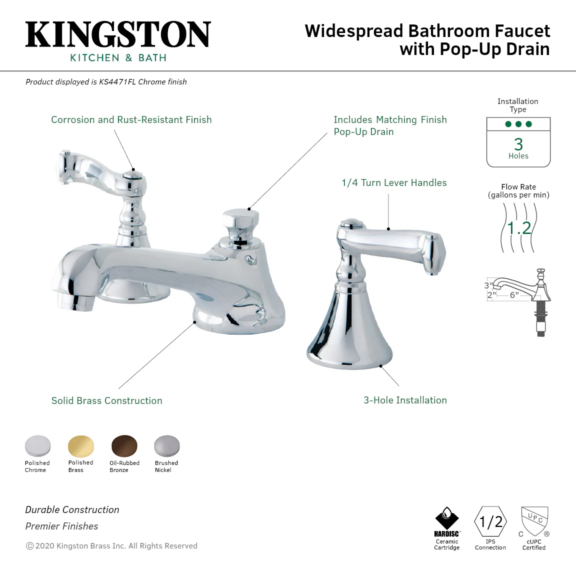Kingston Tulare KS4472FL Two-Handle 3-Hole Deck Mount Widespread Bathroom Faucet with Brass Pop-Up, Polished Brass - Image 3