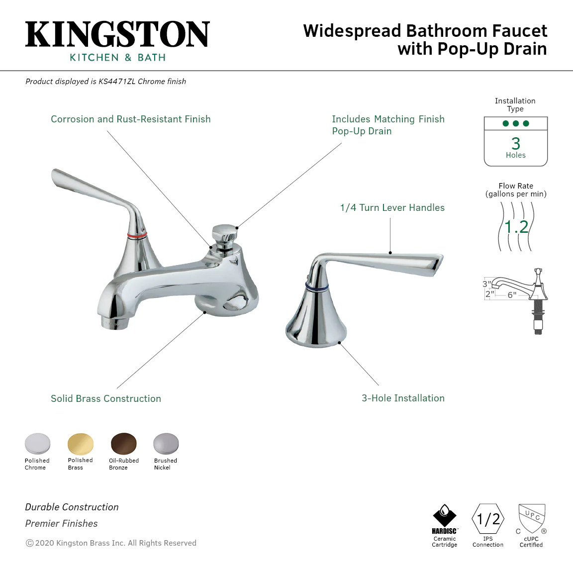 Kingston Tulare KS4472ZL Two-Handle 3-Hole Deck Mount Widespread Bathroom Faucet with Brass Pop-Up, Polished Brass - Image 3