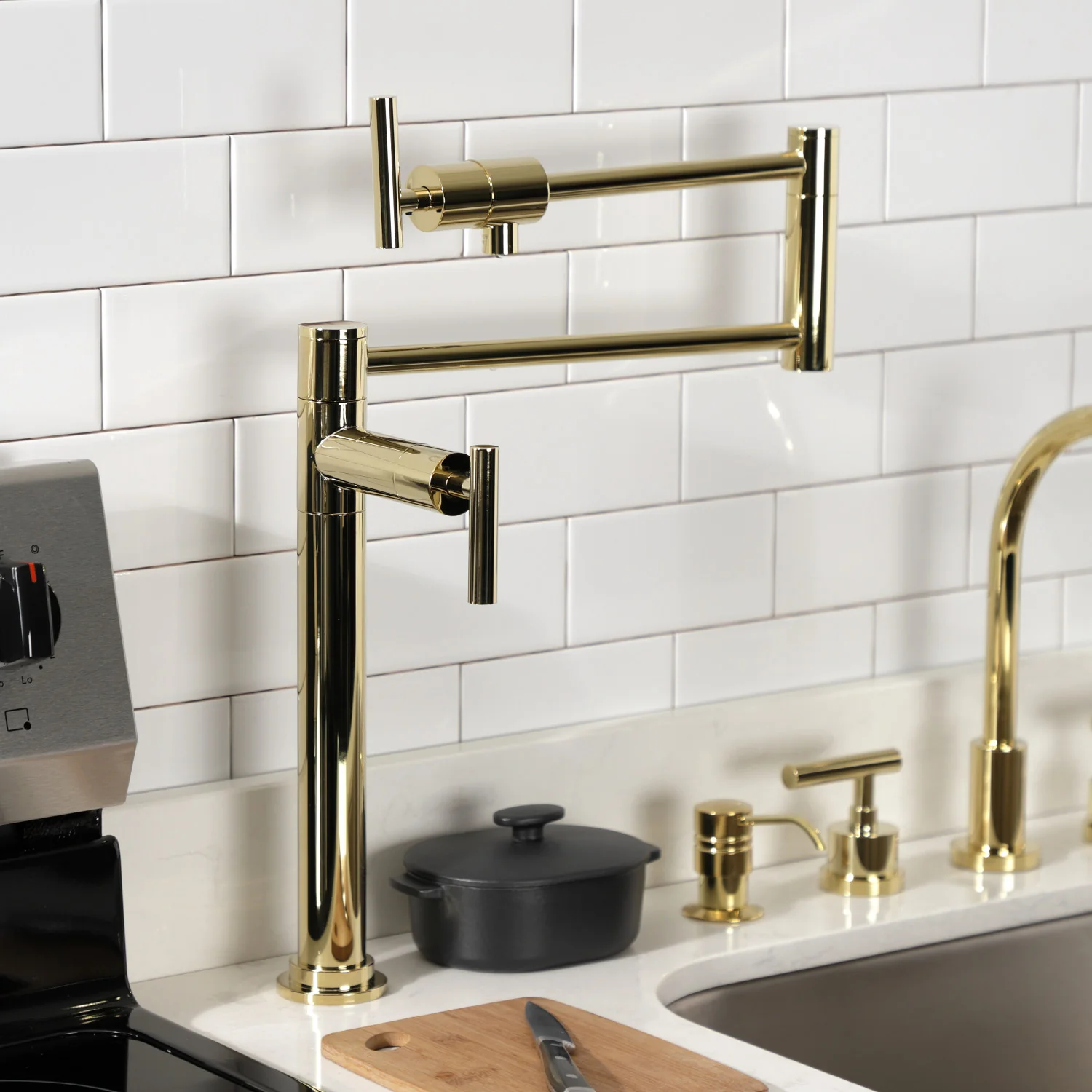 Kingston Sona KS4702CML - Manhattan Two-Handle 1-Hole Deck Mount Pot Filler Faucet, Polished Brass - Image 3