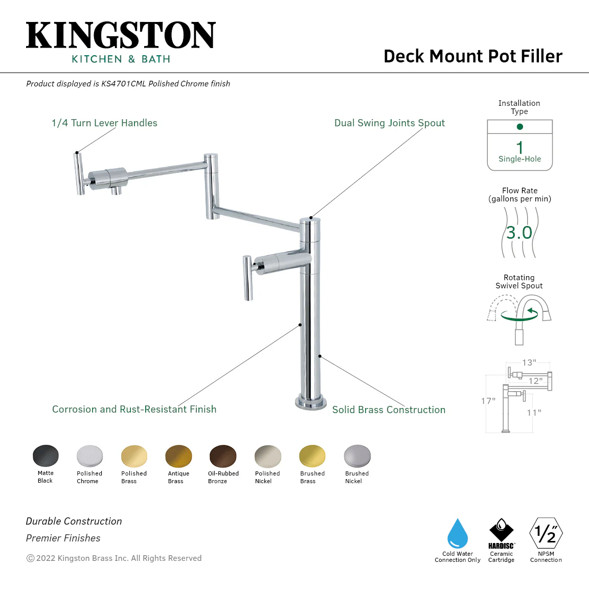 Kingston Sona KS4702CML - Manhattan Two-Handle 1-Hole Deck Mount Pot Filler Faucet, Polished Brass - Image 8