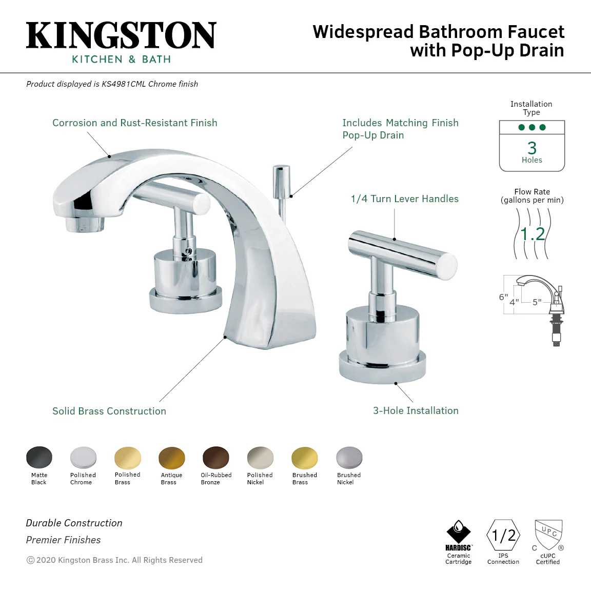 Kingston Sona KS4982CML - Manhattan Two-Handle 3-Hole Deck Mount Widespread Bathroom Faucet with Brass Pop-Up, Polished Brass - Image 3
