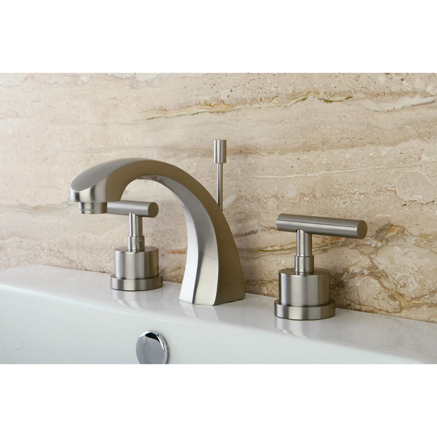 Kingston Sona KS4988CML - Manhattan Two-Handle 3-Hole Deck Mount Widespread Bathroom Faucet with Brass Pop-Up, Brushed Nickel - Image 2