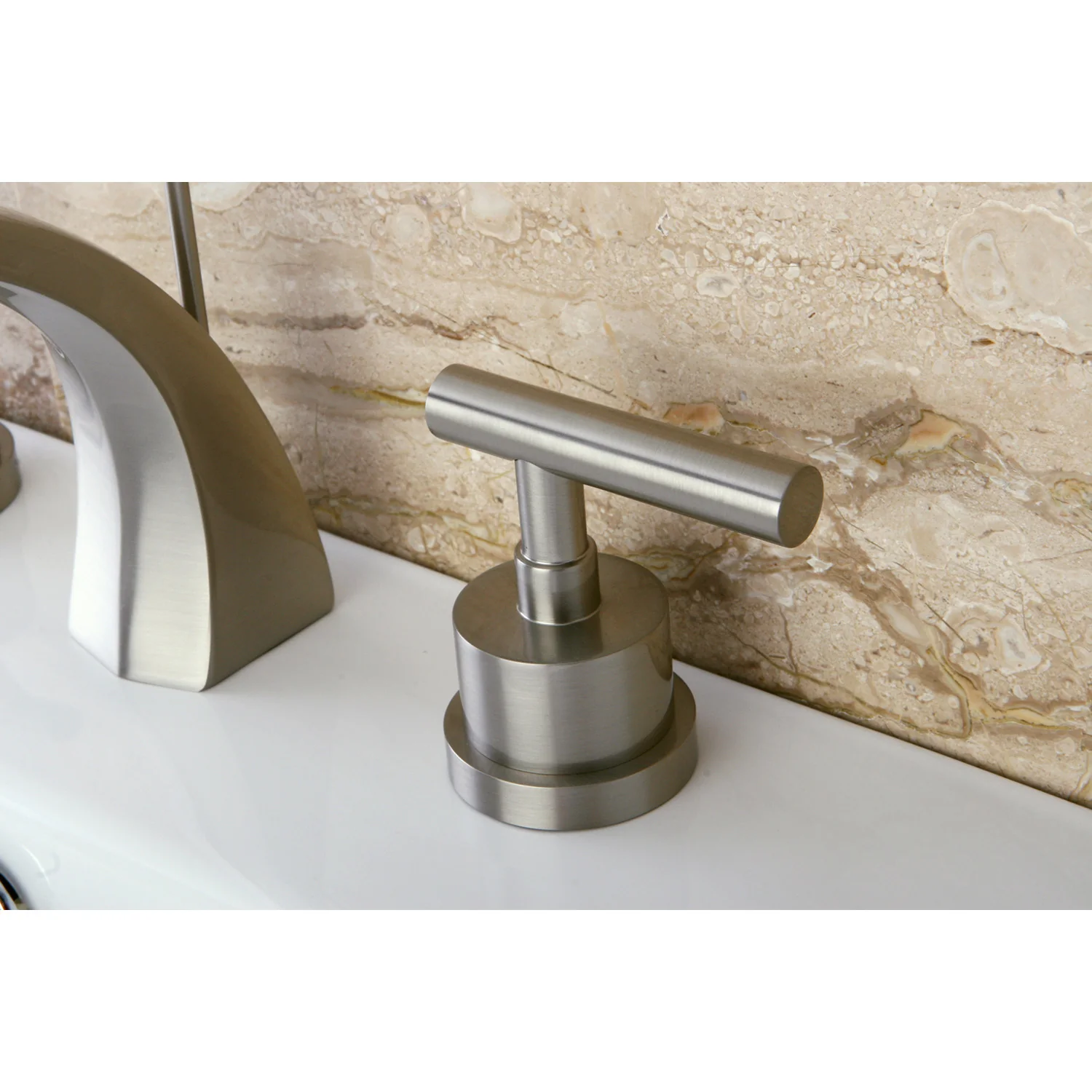 Kingston Sona KS4988CML - Manhattan Two-Handle 3-Hole Deck Mount Widespread Bathroom Faucet with Brass Pop-Up, Brushed Nickel - Image 3