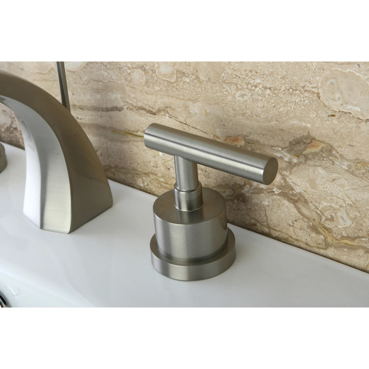 Kingston Sona KS4988CML - Manhattan Two-Handle 3-Hole Deck Mount Widespread Bathroom Faucet with Brass Pop-Up, Brushed Nickel - Image 4